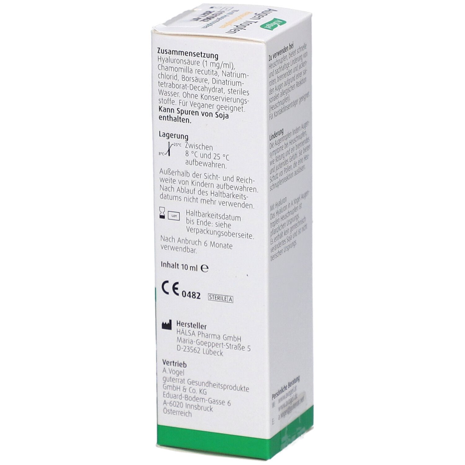A.Vogel Augentropfen-Verpackung, Seite. Text: Zusammensetzung, Lagerung, Haltbarkeit, Hersteller. Weiß, grün.