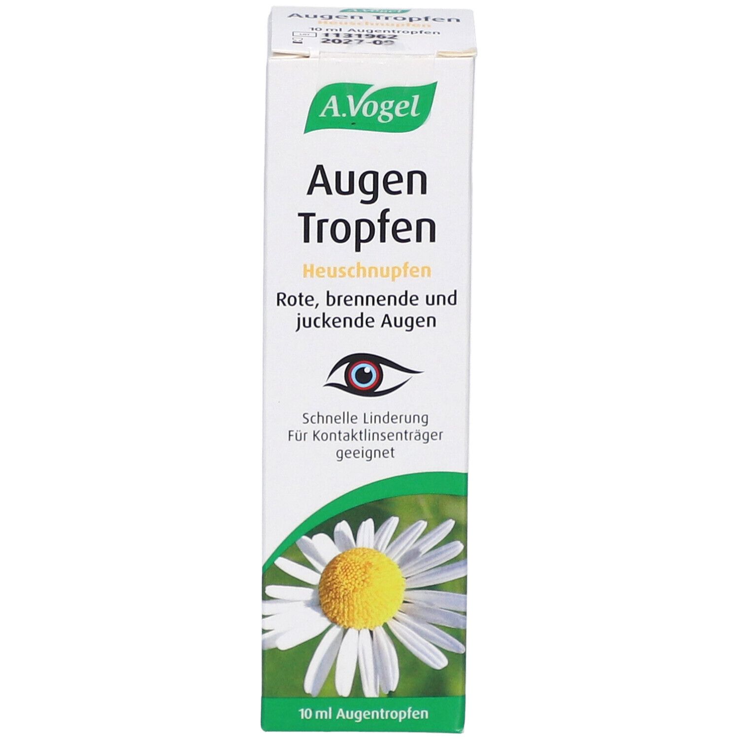 A.Vogel Augentropfen-Verpackung. Weiß, grün. Text: Augentropfen, Heuschnupfen, rote, brennende, juckende Augen. Kamillenblüte.
