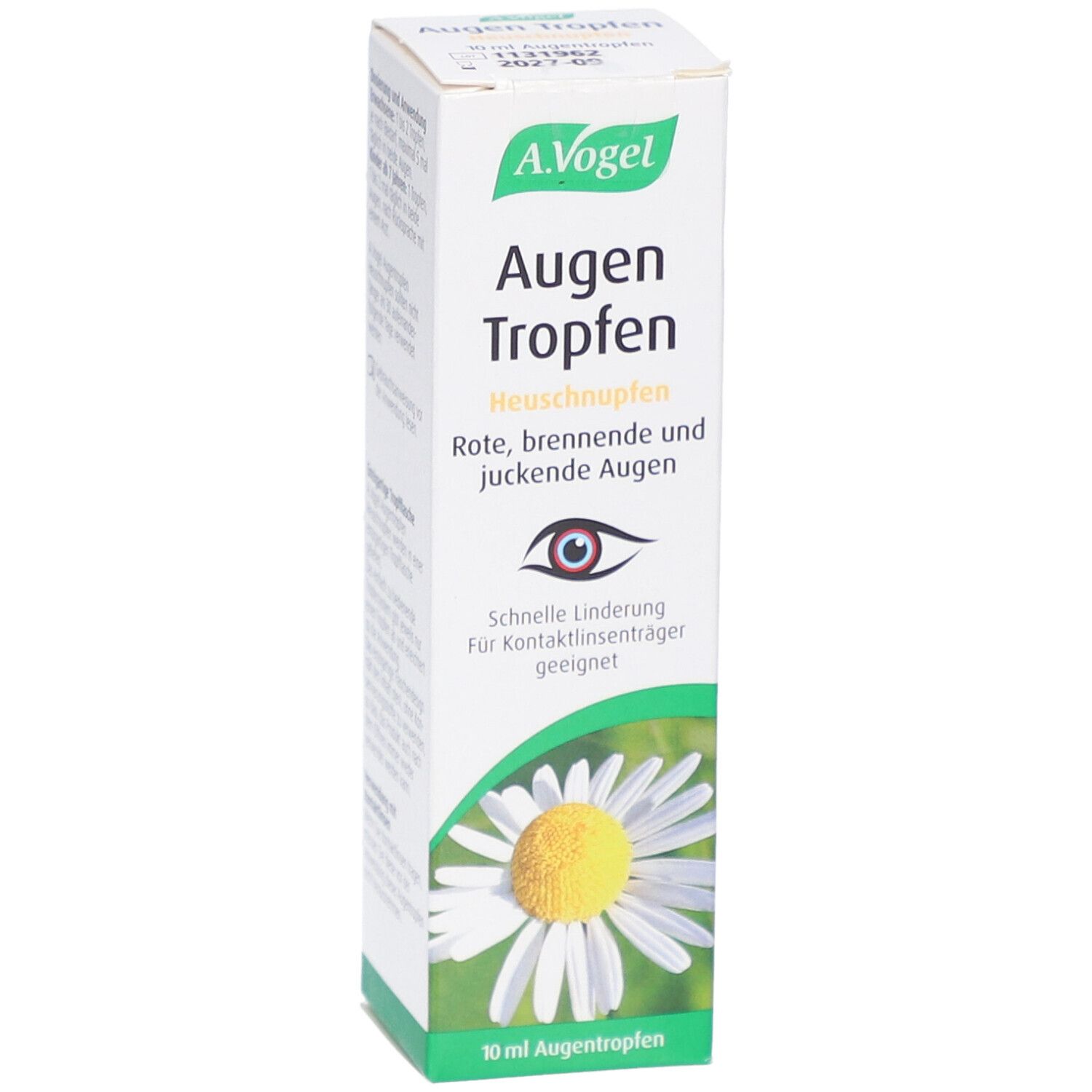 A.Vogel Augentropfen-Verpackung. Weiß, grün. Text: Augentropfen, Heuschnupfen, rote, brennende, juckende Augen. Kamillenblüte.
