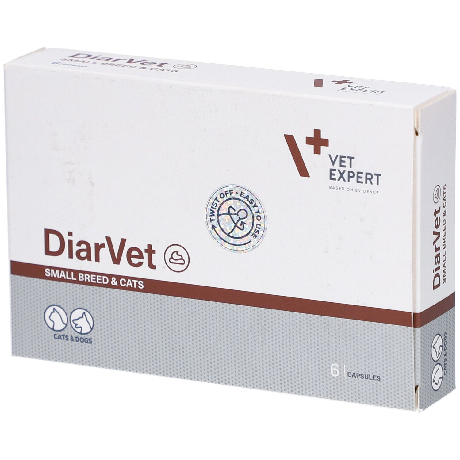 Weiße Schachtel mit "DiarVet SMALL BREED & CATS"-Logo. Enthält 6 Kapseln. Mit "VET EXPERT"-Logo.