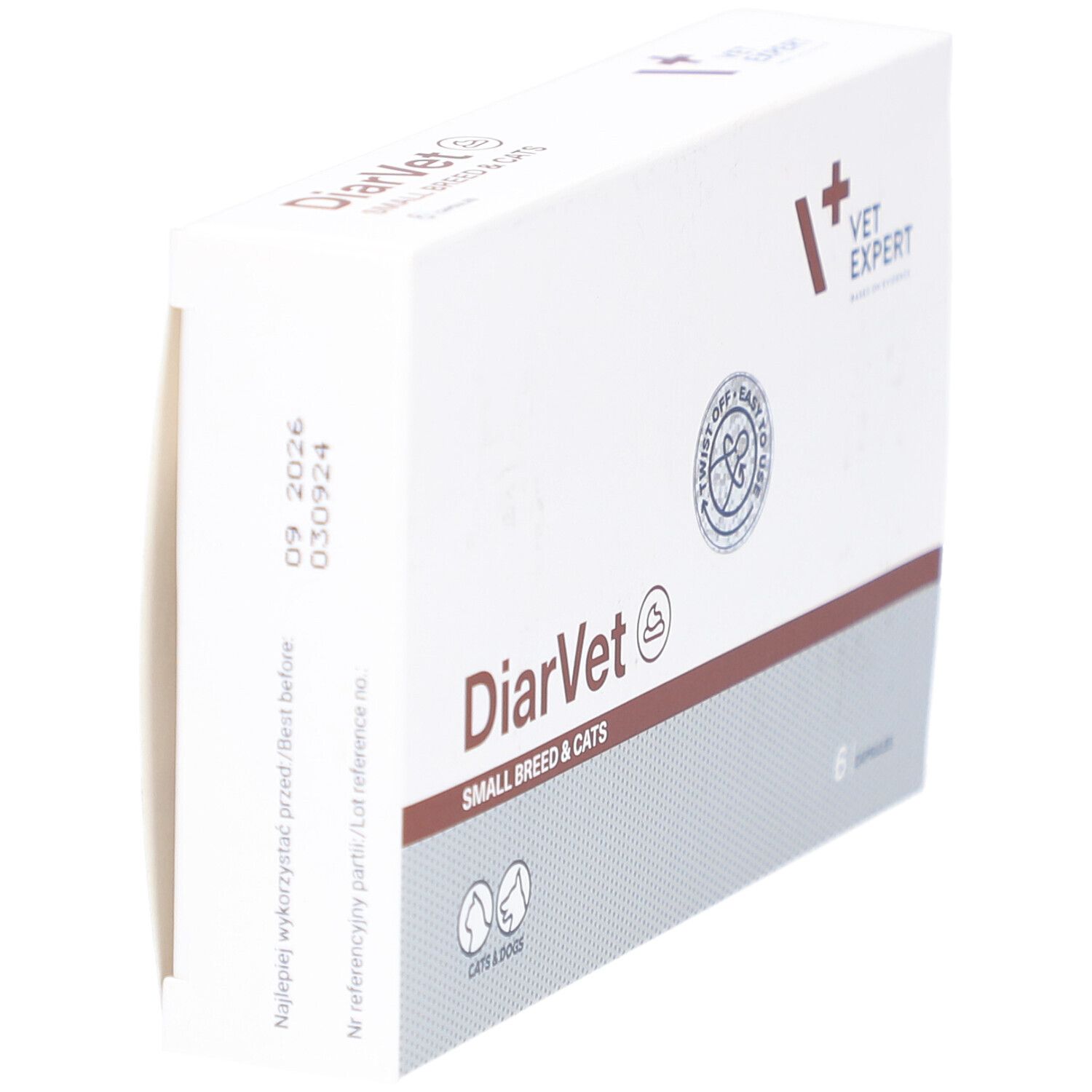 Weiße Schachtel mit "DiarVet SMALL BREED & CATS"-Logo. Seitlich: Datum und 6 Kapseln.