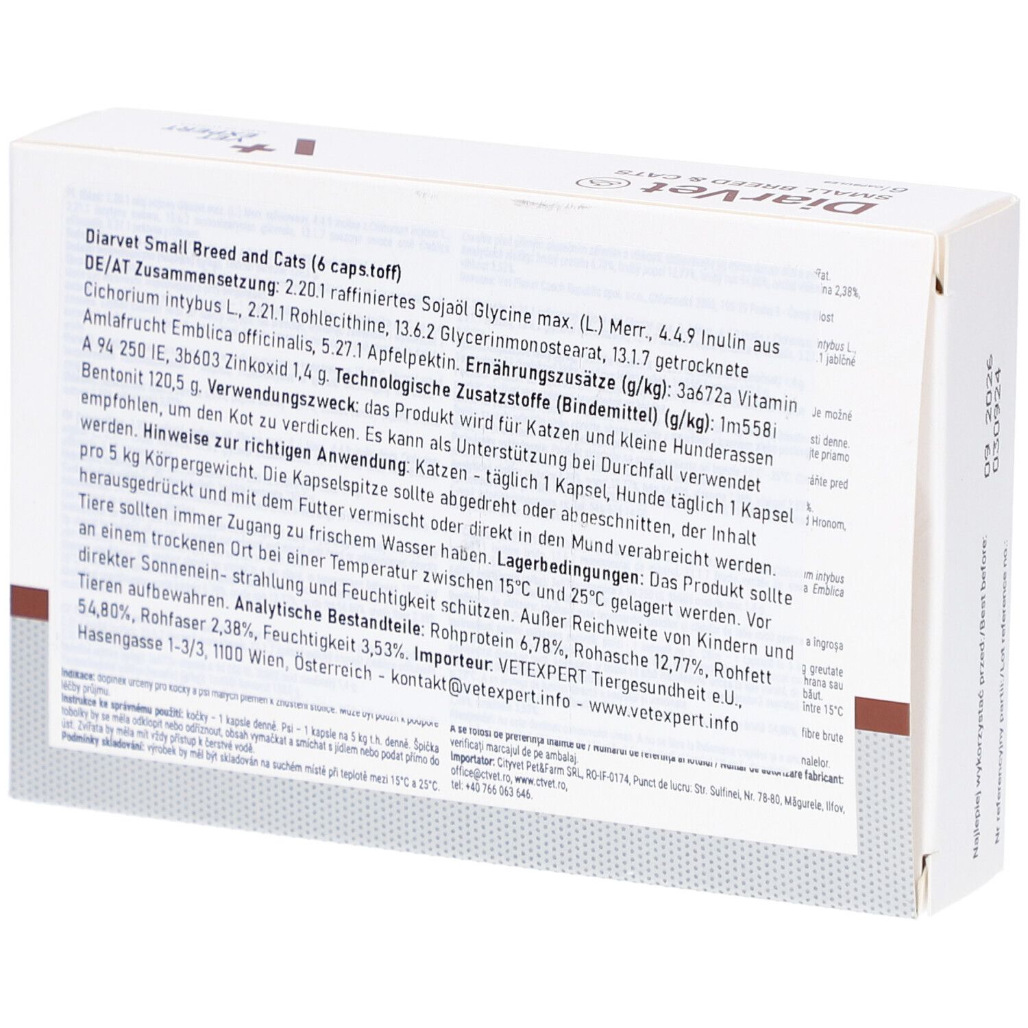 Rückseite der Schachtel mit Text. Enthält Informationen zu Inhaltsstoffen und Anwendung.