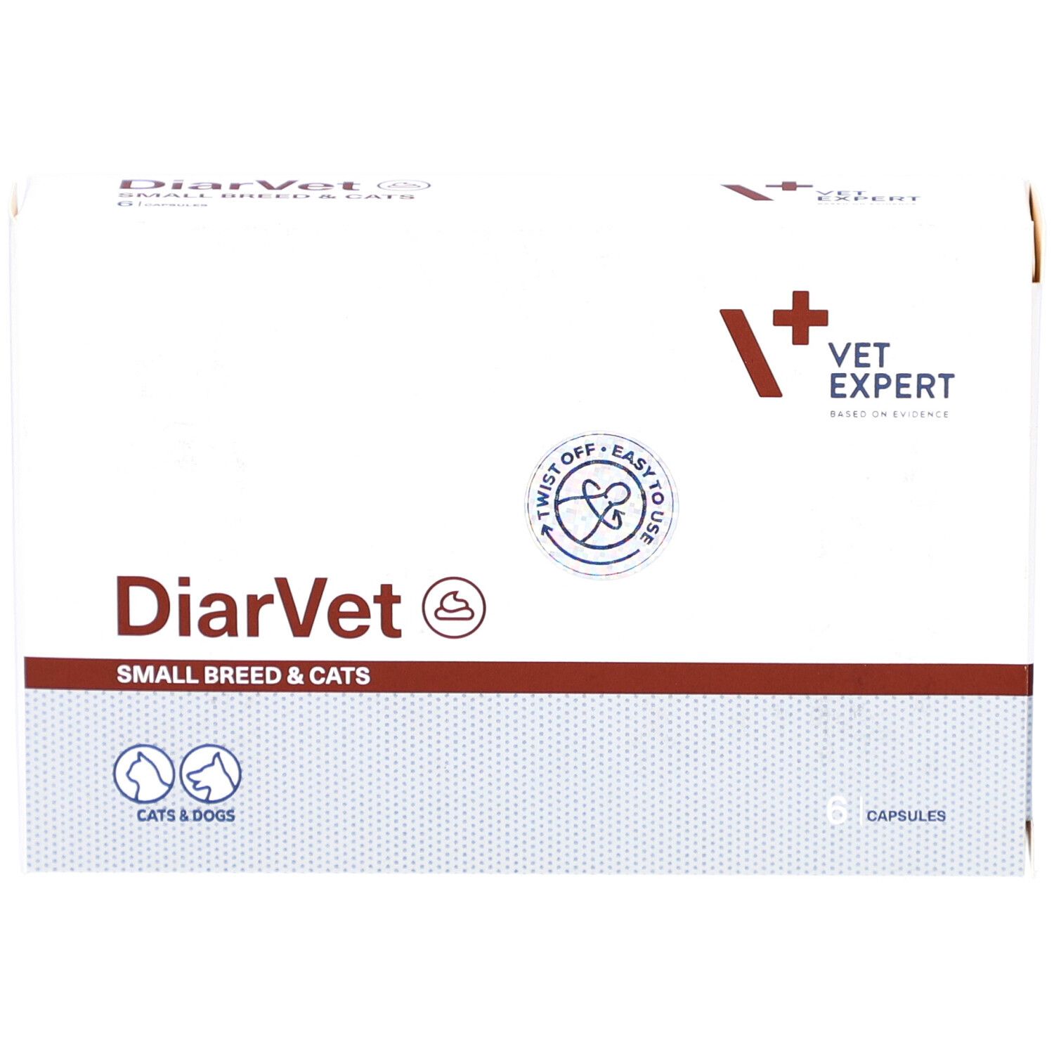 Weiße Schachtel mit "DiarVet SMALL BREED & CATS"-Logo. Enthält 6 Kapseln. Mit "VET EXPERT"-Logo.