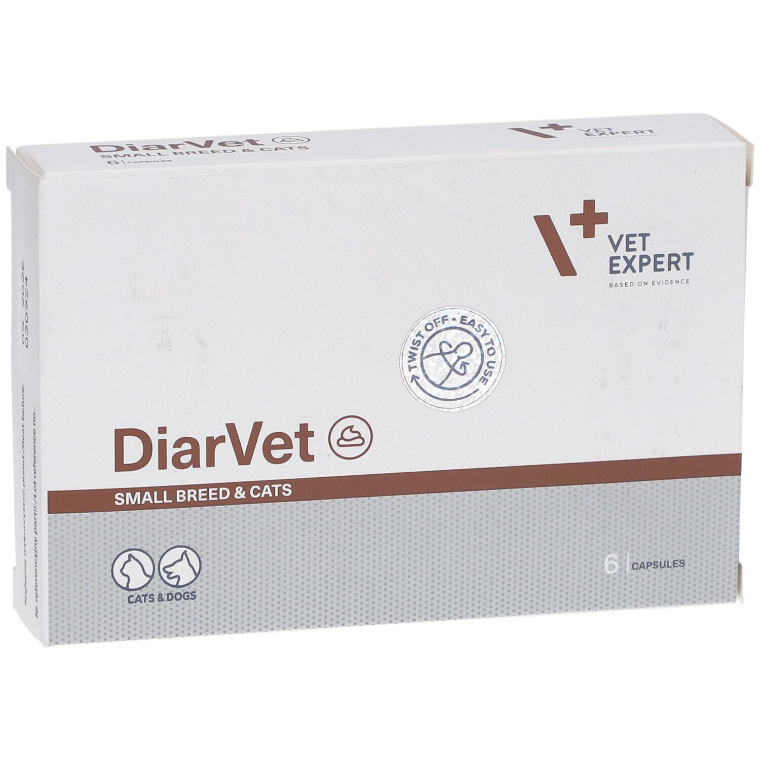 Weiße Schachtel mit "DiarVet SMALL BREED & CATS"-Logo. Enthält 6 Kapseln. Mit "VET EXPERT"-Logo.