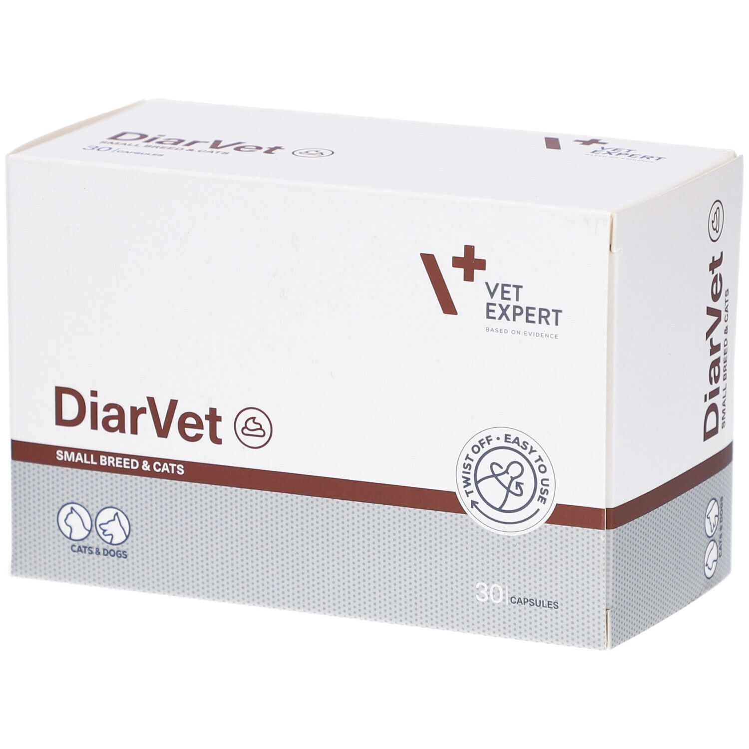 Weiße Kartonverpackung mit braunen und grauen Akzenten. Aufschrift: DiarVet, SMALL BREED & CATS. 30 Kapseln. Logo: Vet Expert.