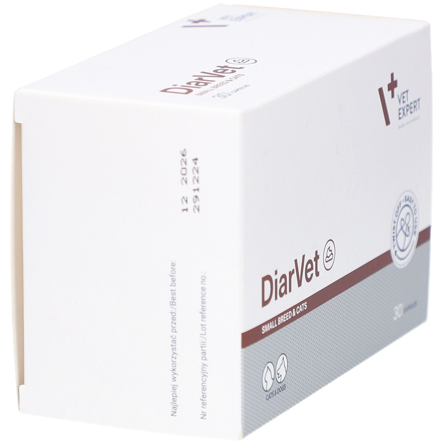 Weiße Kartonverpackung. Aufschrift: DiarVet, SMALL BREED & CATS. 30 Kapseln. Logo: Vet Expert. Verfallsdatum und Chargennummer.