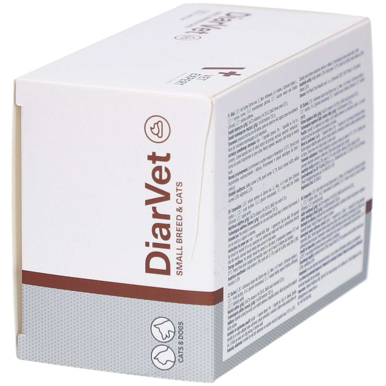 Weiße Kartonverpackung mit Text. Aufschrift: DiarVet, SMALL BREED & CATS. 30 Kapseln. Logo: Vet Expert. Text in mehreren Sprachen.