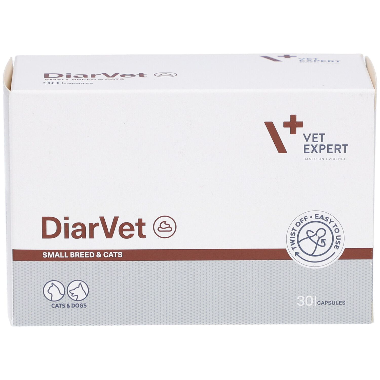 Weiße Kartonverpackung mit braunen und grauen Akzenten. Aufschrift: DiarVet, SMALL BREED & CATS. 30 Kapseln. Logo: Vet Expert.