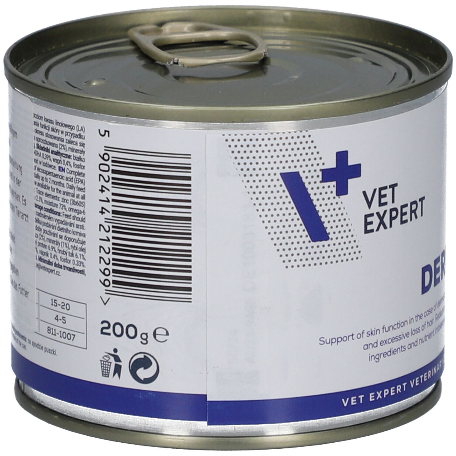 Hundefutterdose. VET EXPERT. Dose mit Deckel und Ring. Weißes Etikett mit Barcode und Text. 200g. Rückseite mit Text.