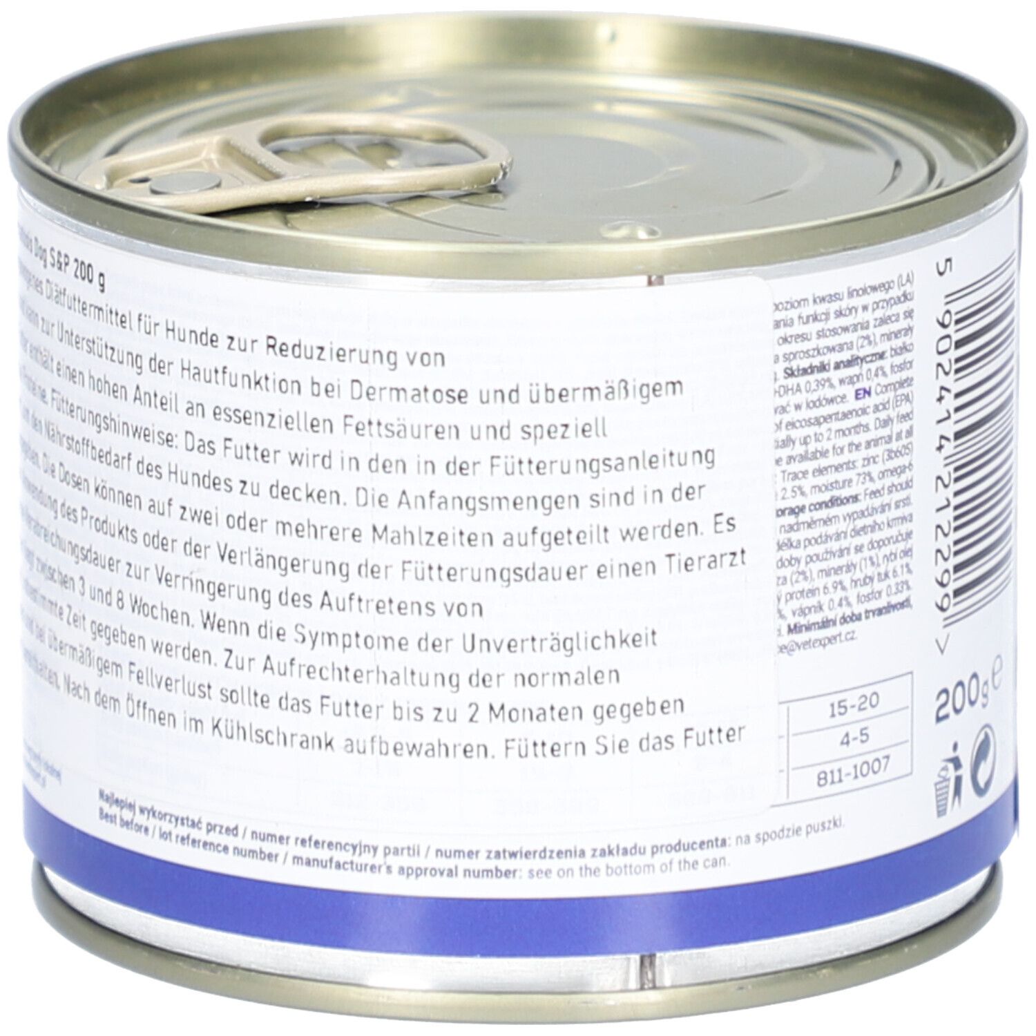 Hundefutterdose. Dose mit Deckel und Ring. Weißes Etikett mit Text. 200g. Rückseite mit Text. Informationen zur Fütterung.