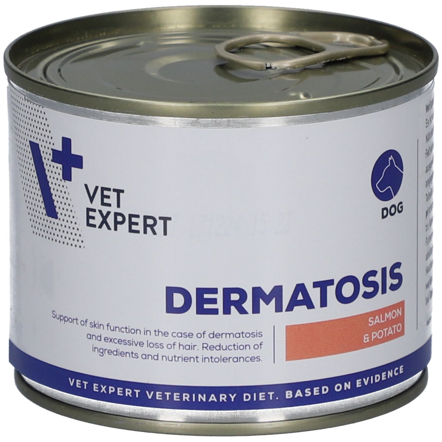 Hundefutterdose. VET EXPERT DERMATOSIS. Lachs & Kartoffel. Dose mit Deckel und Ring. Weißes Etikett mit blauen und roten Akzenten.