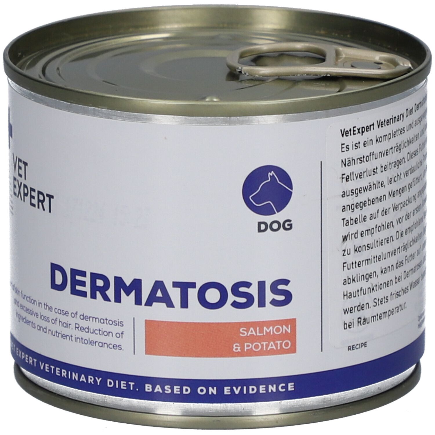 Hundefutterdose. VET EXPERT DERMATOSIS. Lachs & Kartoffel. Dose mit Deckel und Ring. Weißes Etikett mit blauen und roten Akzenten.