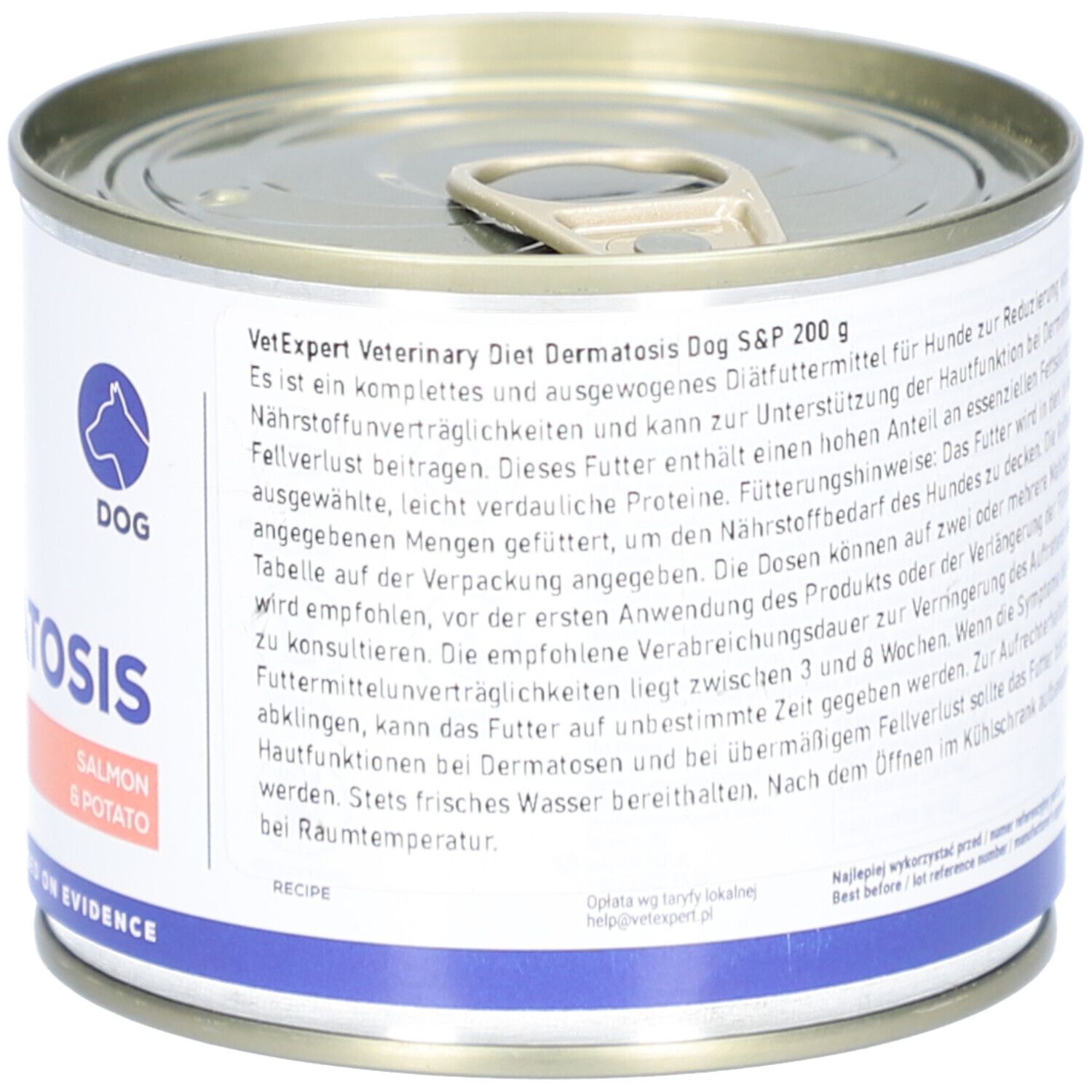 Hundefutterdose. VET EXPERT DERMATOSIS. Dose mit Deckel und Ring. Weißes Etikett mit Text. Rückseite mit Text. Rezept.