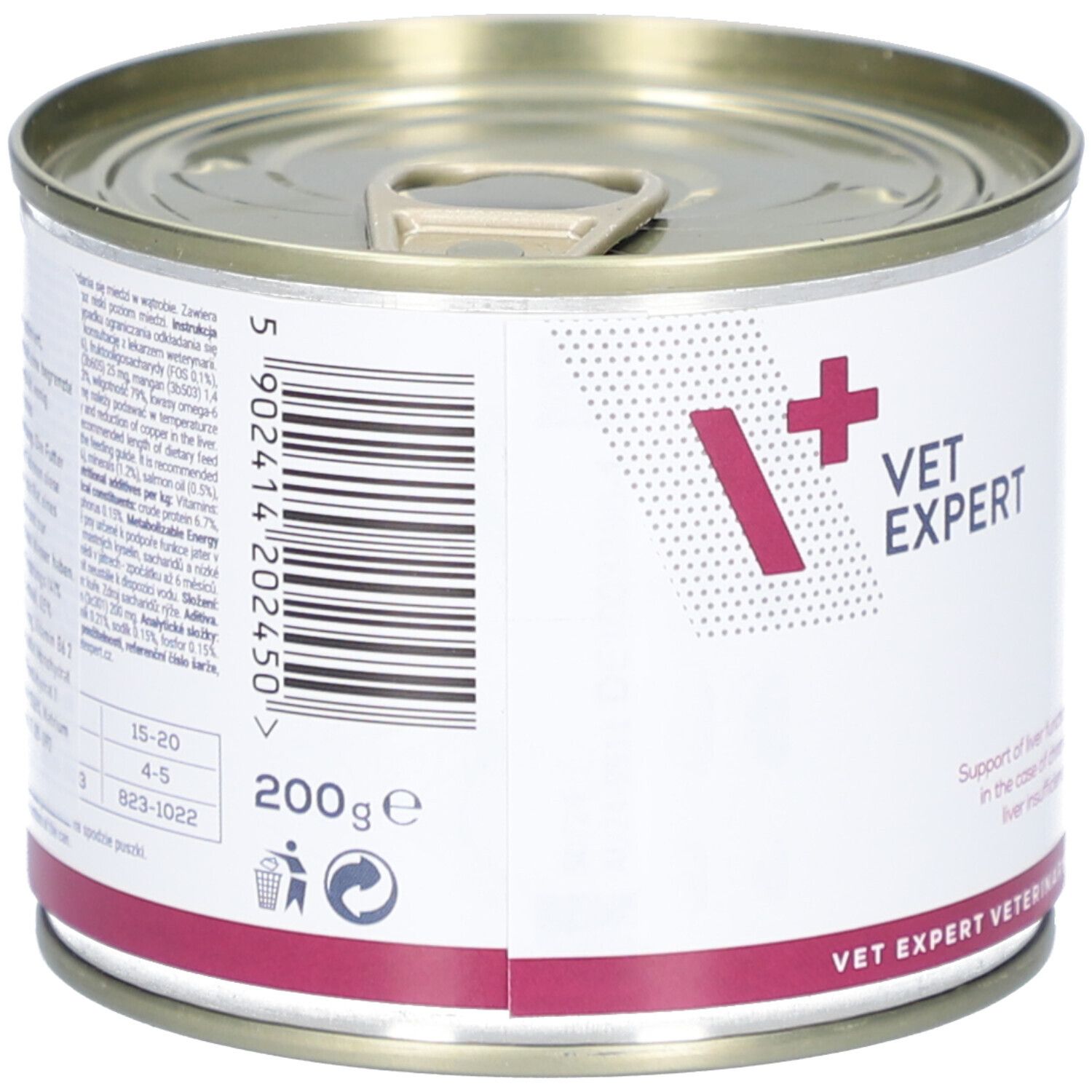 Hunde-Diätfutterdose. VET EXPERT. 200g. Barcode und Informationen zur Zusammensetzung. Für Hunde mit Leberproblemen.