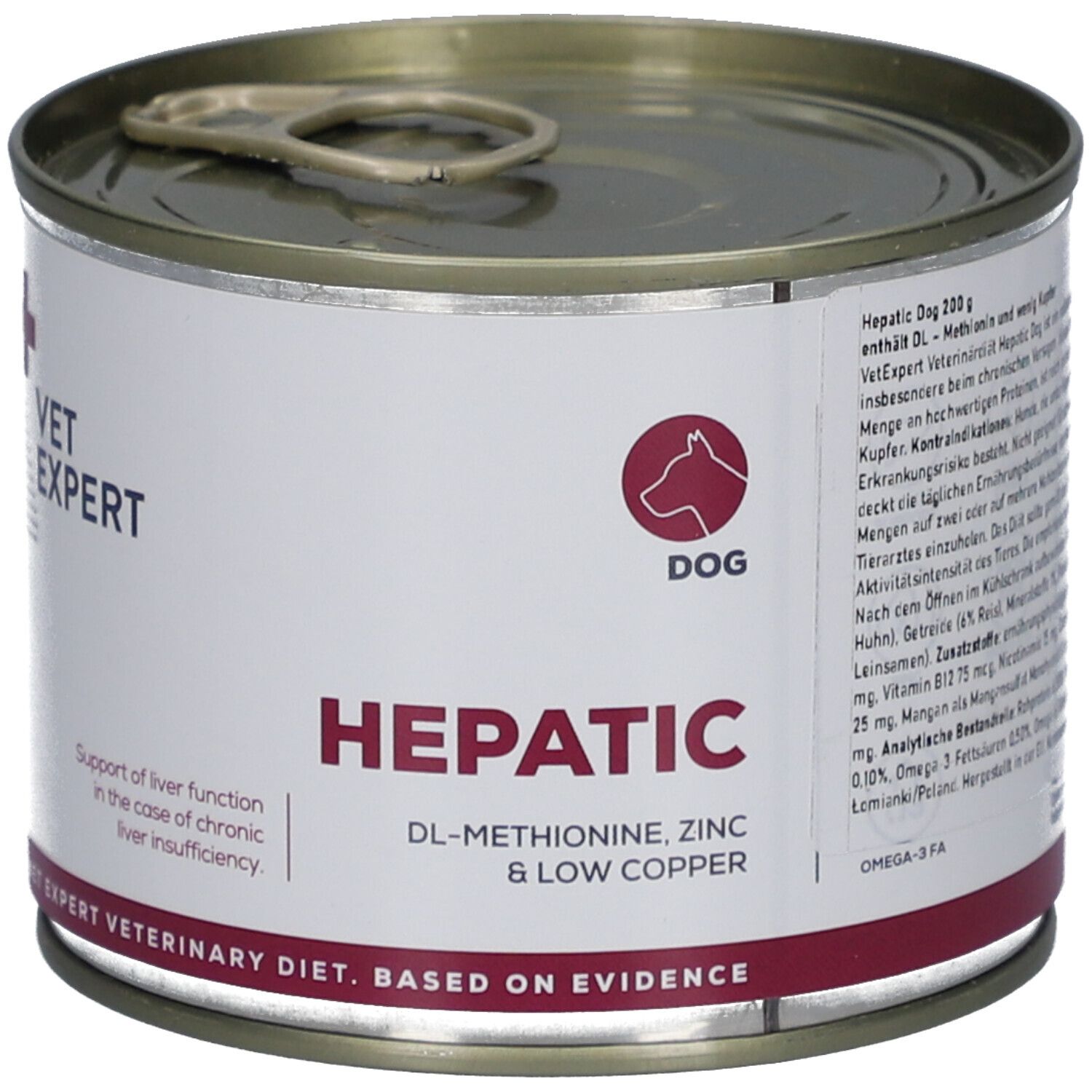 Hunde-Diätfutterdose. VET EXPERT, HEPATIC, 200g. Enthält DL-Methionin, Zink und wenig Kupfer. Für Hunde mit Leberproblemen.