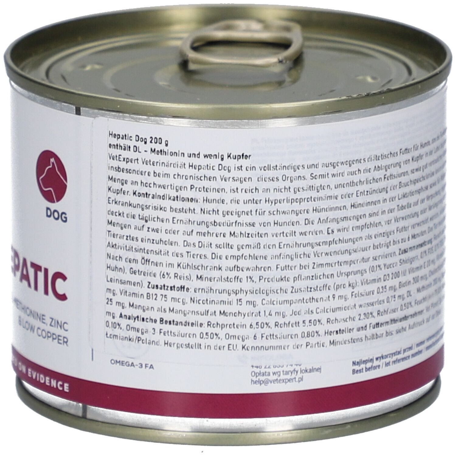 Hunde-Diätfutterdose. VET EXPERT, HEPATIC, 200g. Detailansicht der Inhaltsstoffe. Für Hunde mit Leberproblemen.