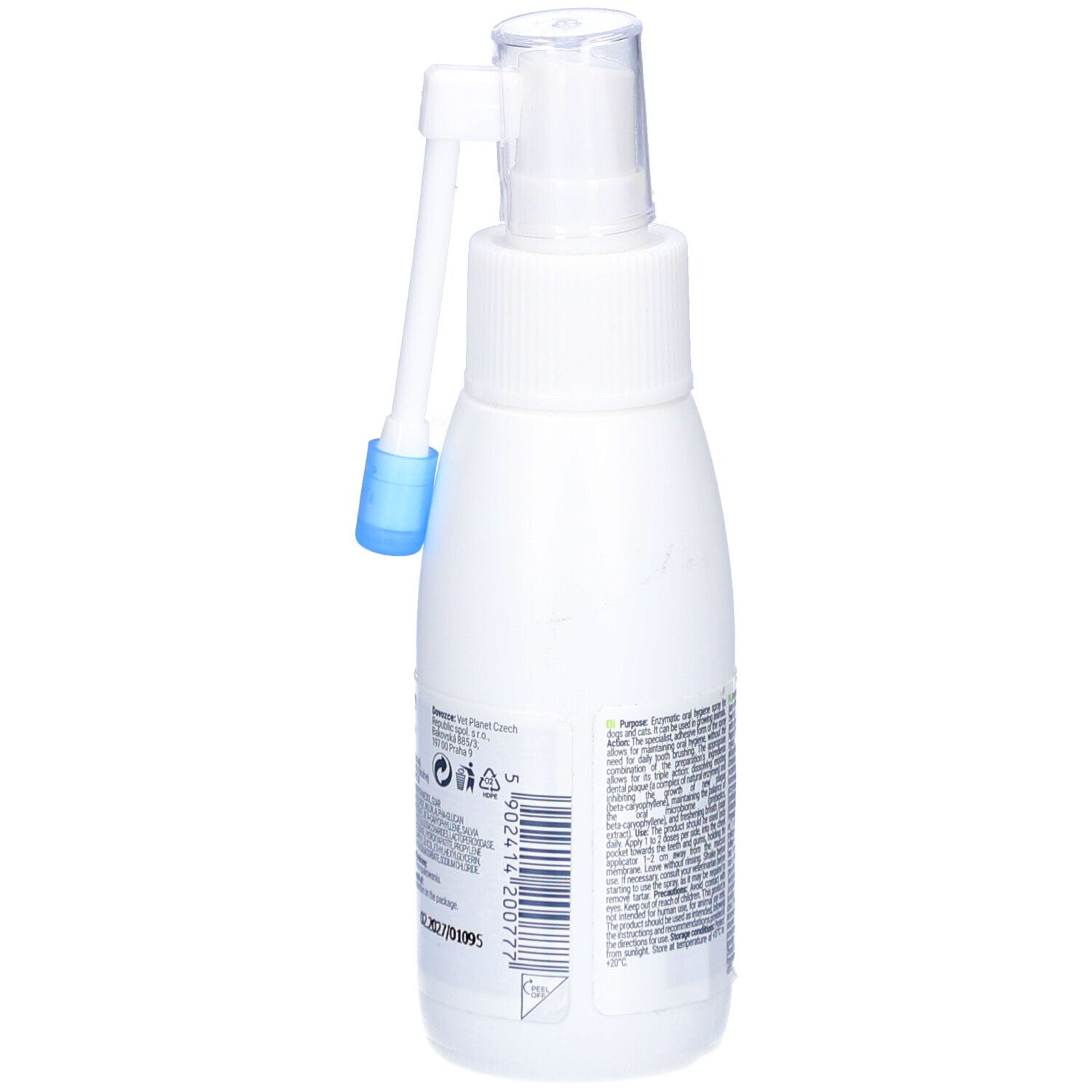 Weiße Flasche mit Sprühkopf und Aufsatz. Rückansicht. Aufschrift: CARYODENT Enzymatic Spray. Text in mehreren Sprachen.