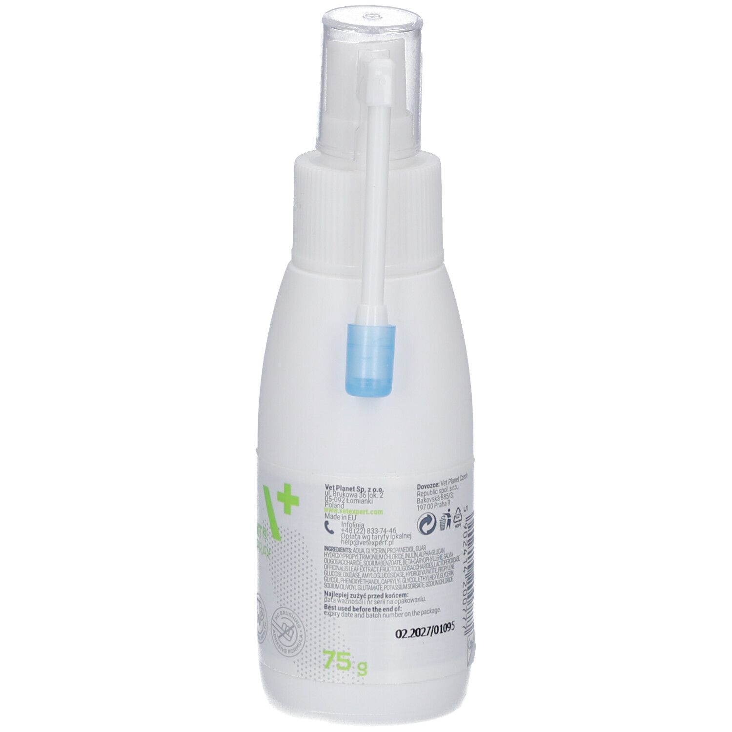 Weiße Flasche mit Sprühkopf und Aufsatz. Rückansicht. Aufschrift: CARYODENT Enzymatic Spray. 75g. Text in mehreren Sprachen.