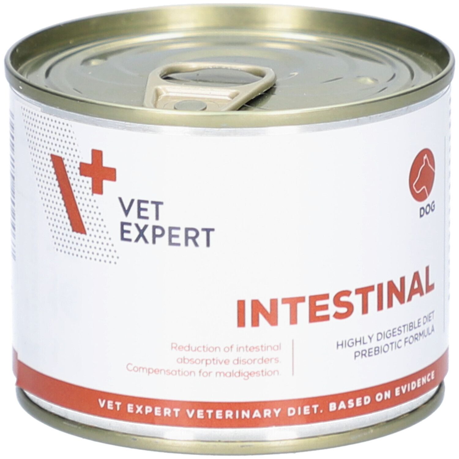 Dose Hundefutter. Aufschrift: INTESTINAL, VET EXPERT. Reduziert intestinale Absorptionsstörungen.