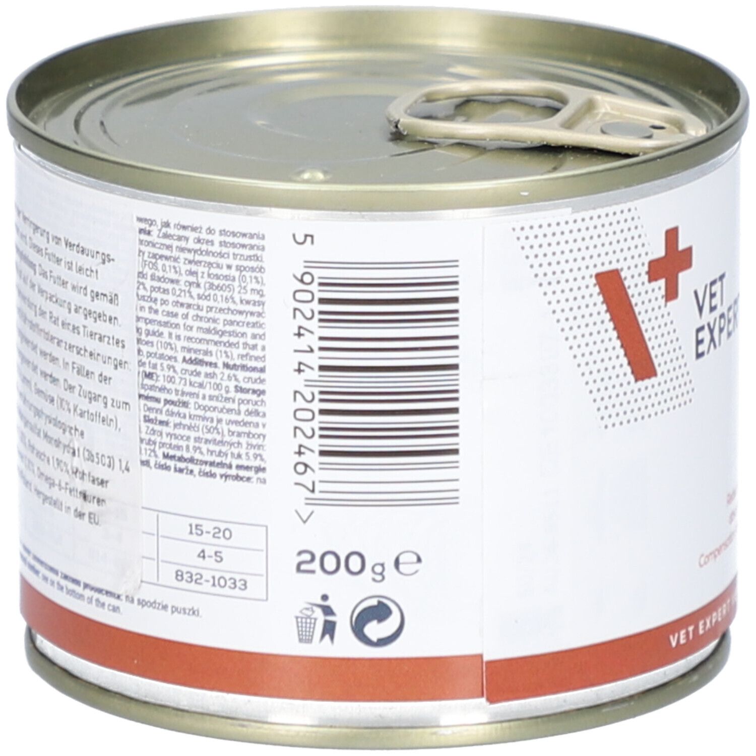 Hundefutterdose mit Barcode und Text. Aufschrift: 200g, VET EXPERT. Informationen zur Fütterung.