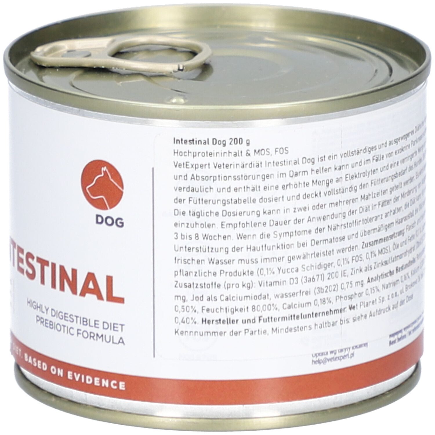Hundefutterdose mit Text. Aufschrift: INTESTINAL, VET EXPERT. Diätfutter für Hunde.