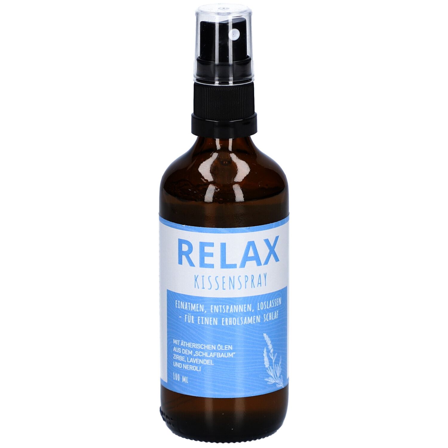 Braune Glasflasche mit Zerstäuber. Aufschrift: RELAX Kissenspray. Mit Zirbe, Lavendel & Neroli. 100 ml.