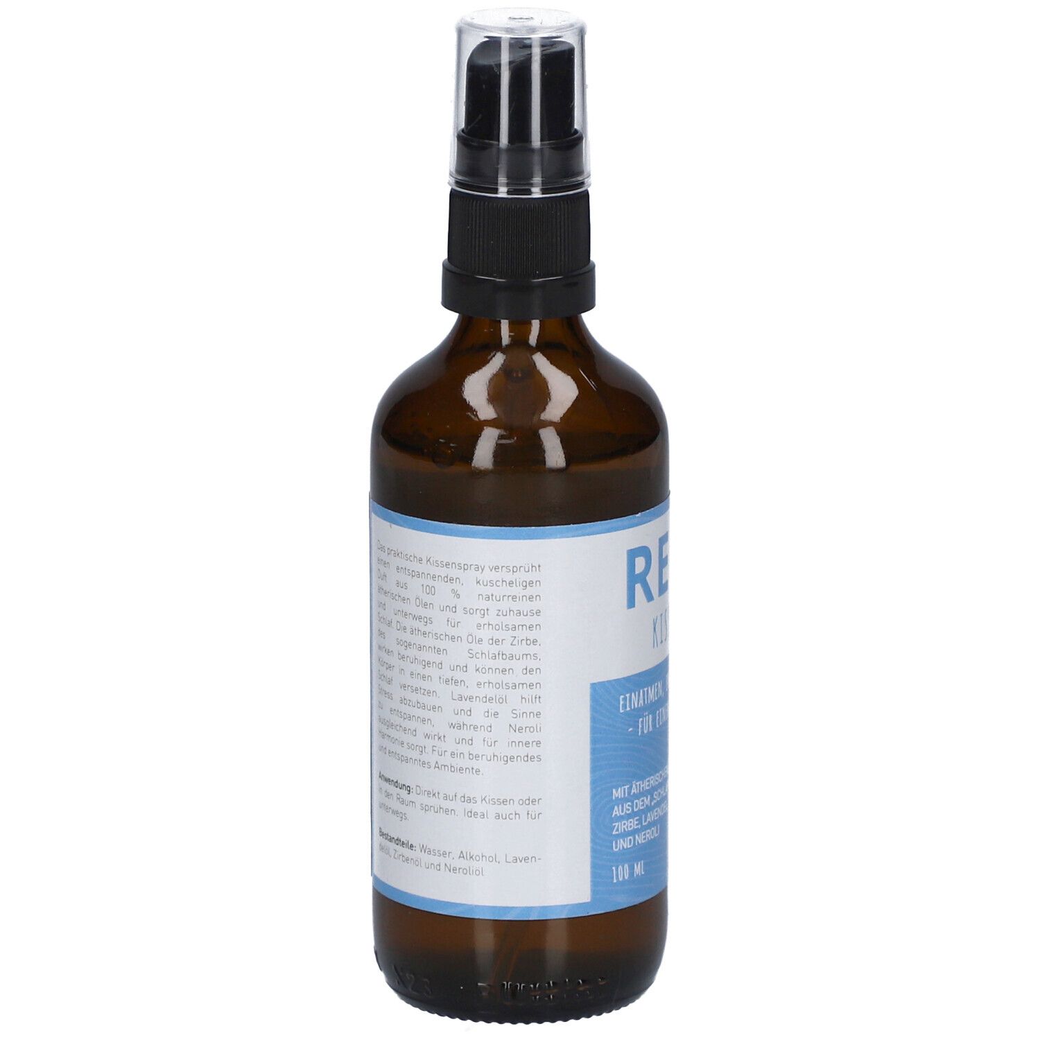 Braune Glasflasche mit Zerstäuber. Aufschrift: RELAX Kissenspray. Text in deutscher Sprache.