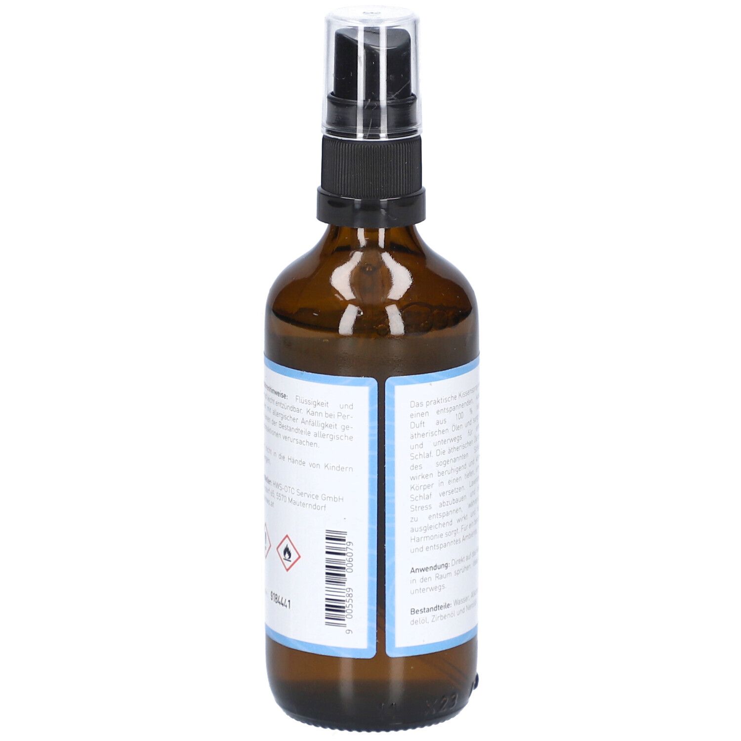 Braune Glasflasche mit Zerstäuber. Rückseite mit Text und Symbolen. 100 ml.