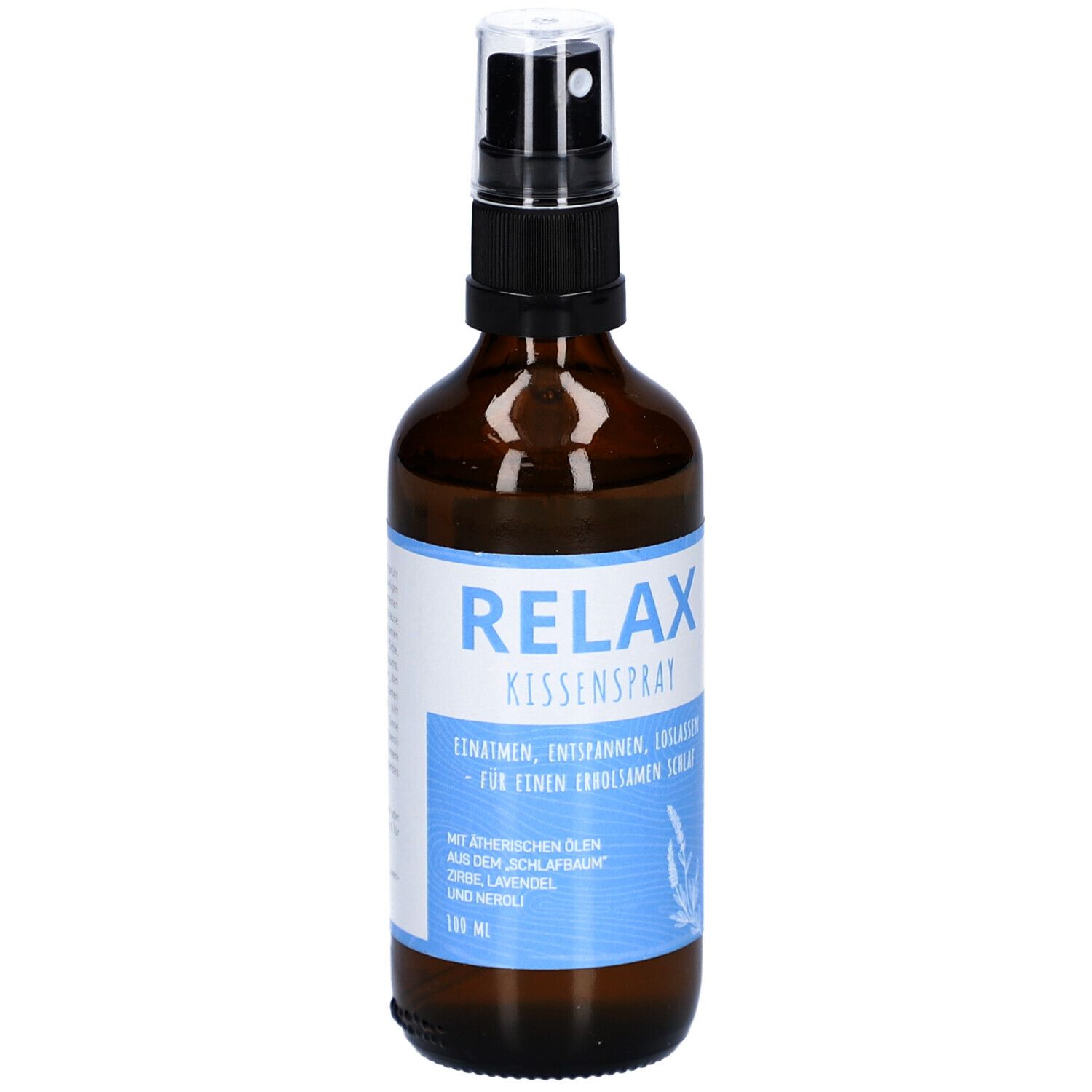 Braune Glasflasche mit Zerstäuber. Aufschrift: RELAX Kissenspray. Mit Zirbe, Lavendel & Neroli. 100 ml.