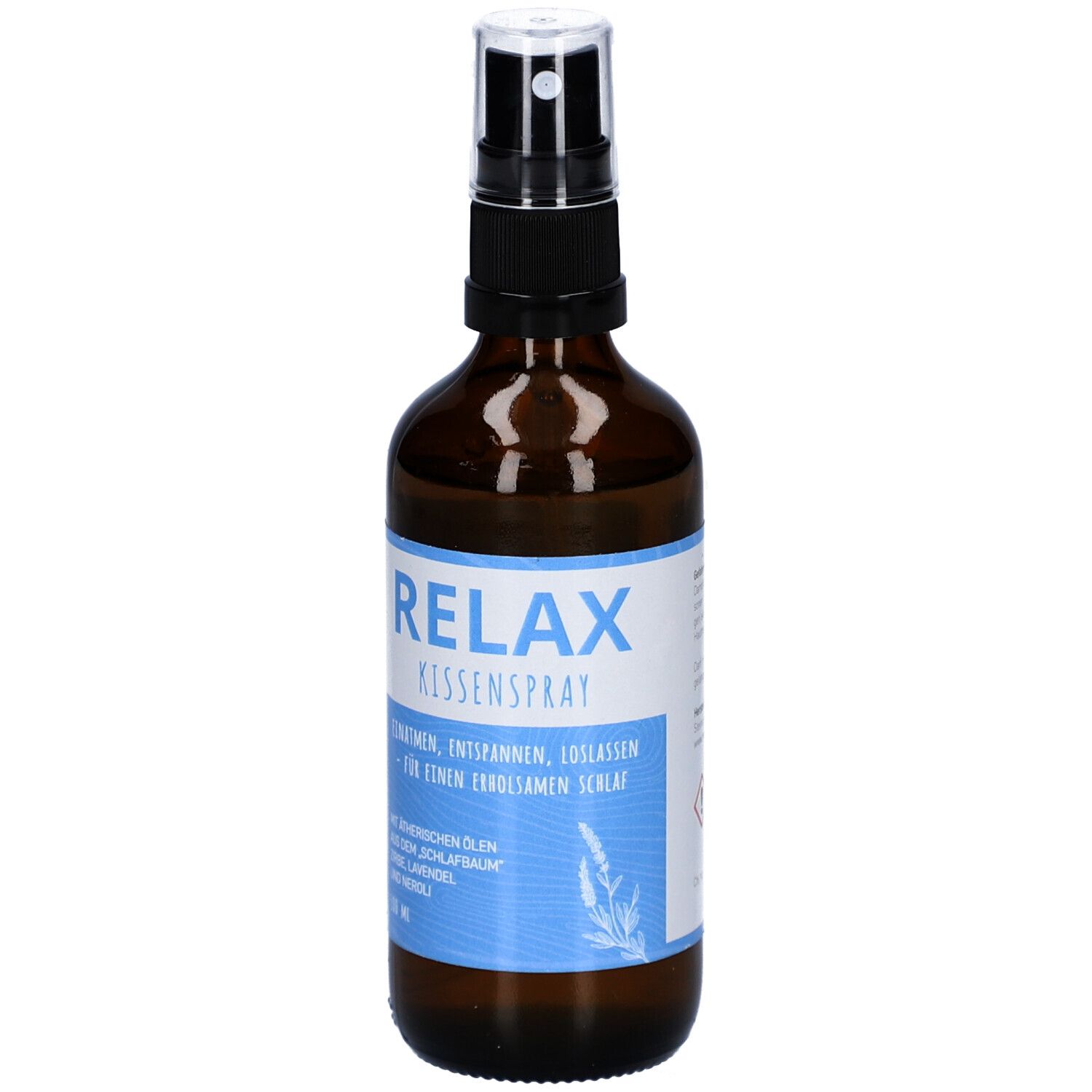 Braune Glasflasche mit Zerstäuber. Aufschrift: RELAX Kissenspray. Mit Zirbe, Lavendel & Neroli. 100 ml.
