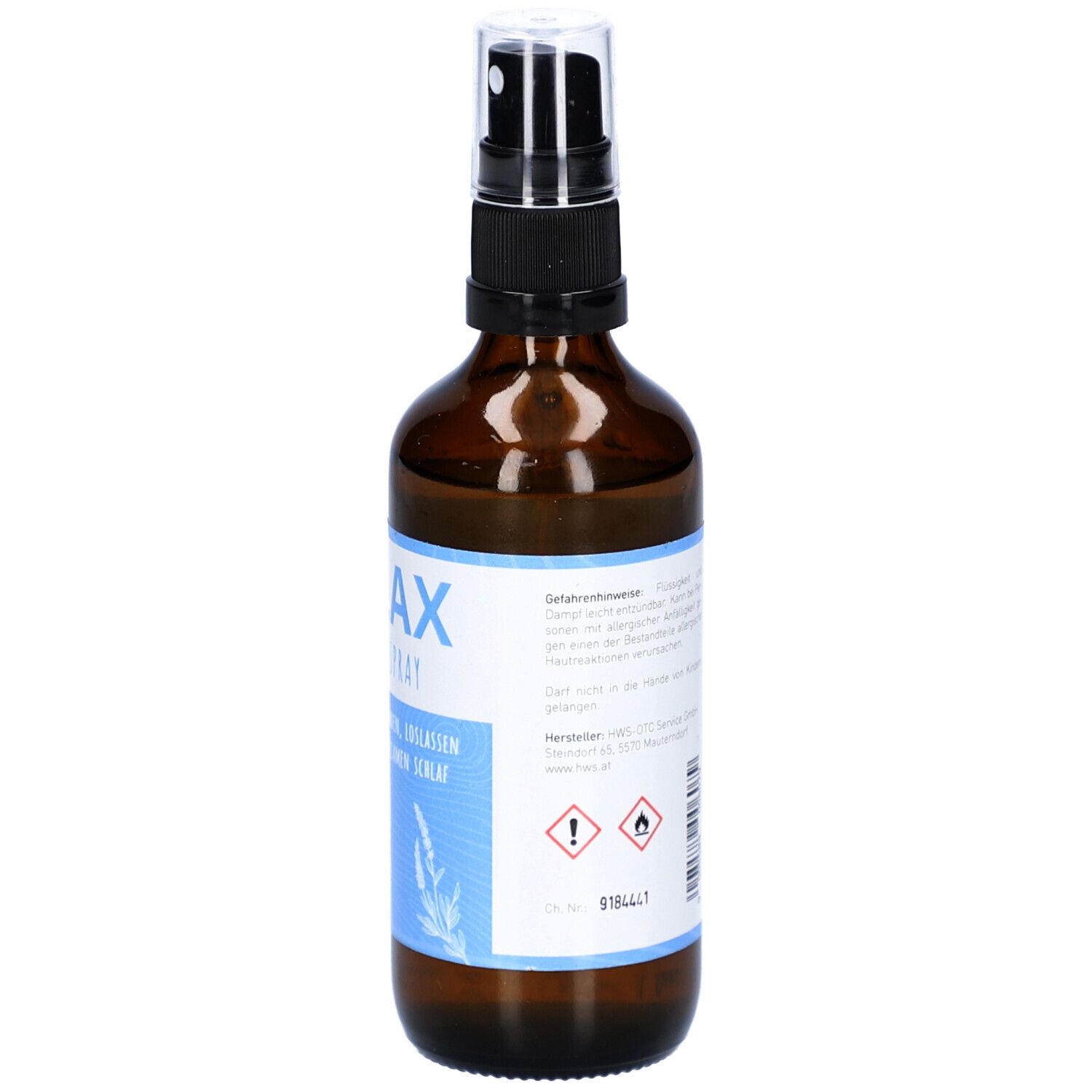 Braune Glasflasche mit Zerstäuber. Rückseite mit Text und Symbolen. 100 ml.
