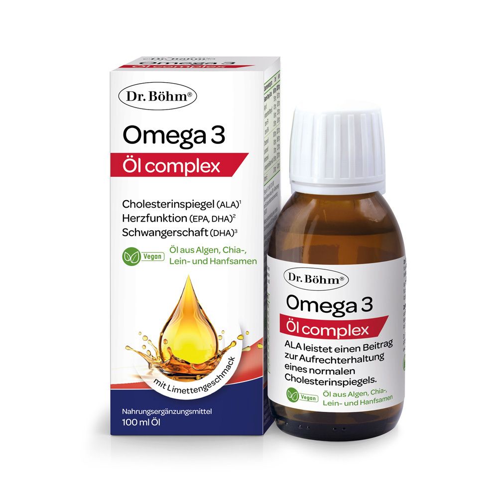Braune Flasche und Karton von Dr. Böhm Omega 3 Öl complex. Mit Limettengeschmack. Vegan. 100 ml.