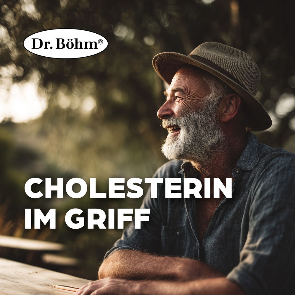 Älterer Mann mit Hut, lächelnd. Text: Cholesterin im Griff. Marke: Dr. Böhm.