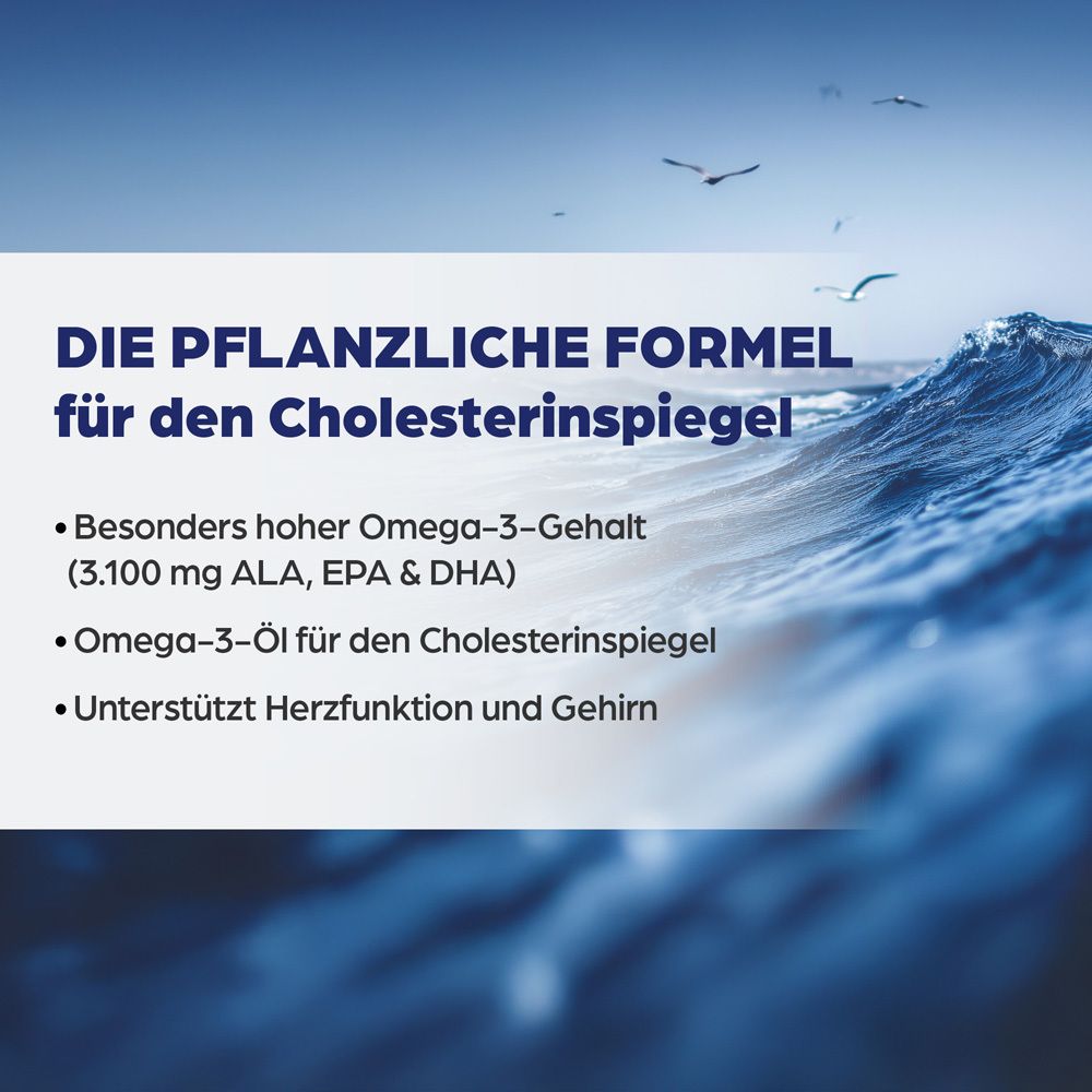 Text auf blauem Hintergrund: Die pflanzliche Formel für den Cholesterinspiegel. Omega-3-Gehalt.