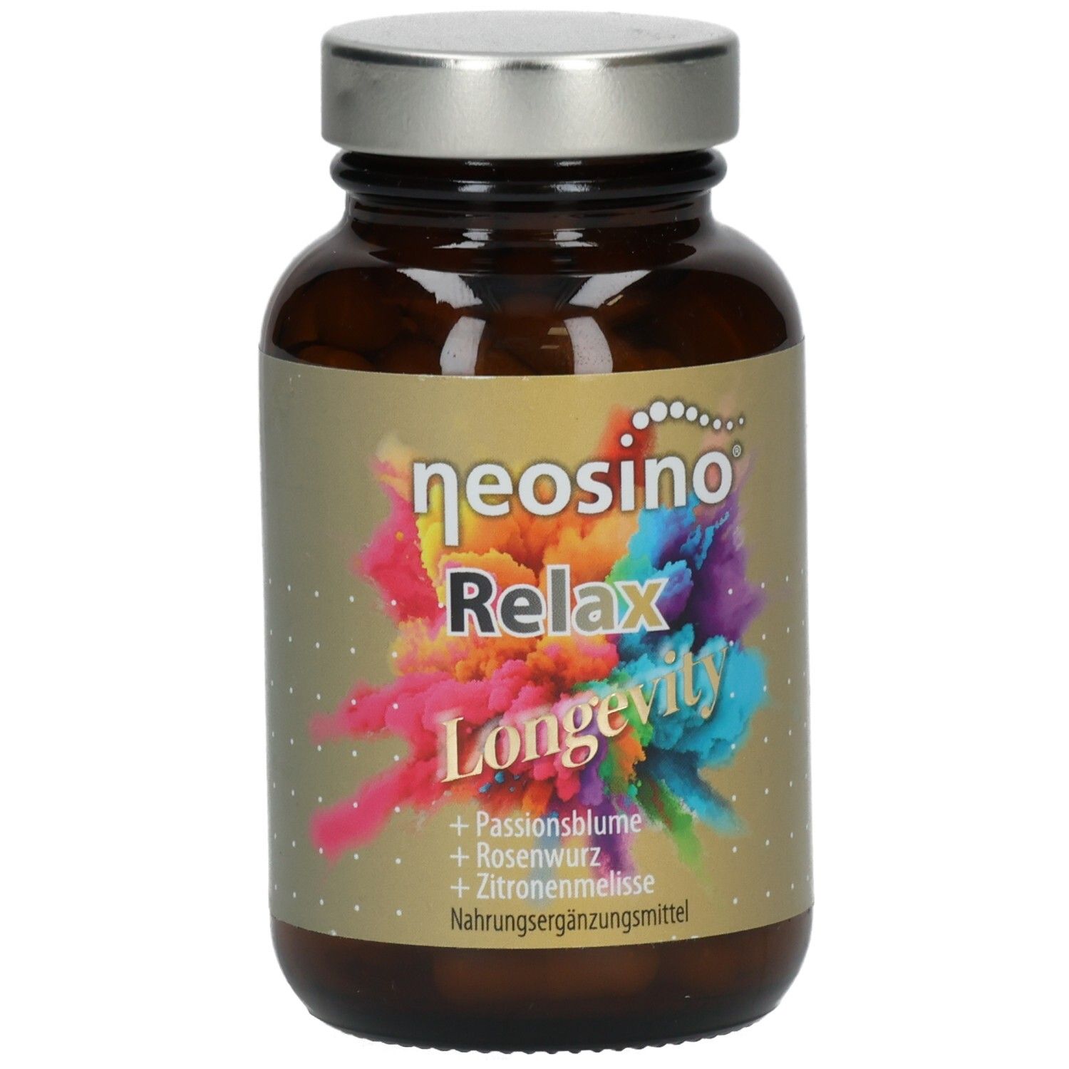 Braune Glasflasche mit silbernem Deckel. Aufschrift: neosino Relax Longevity. Enthält Passionsblume, Rosenwurz, Zitronenmelisse.