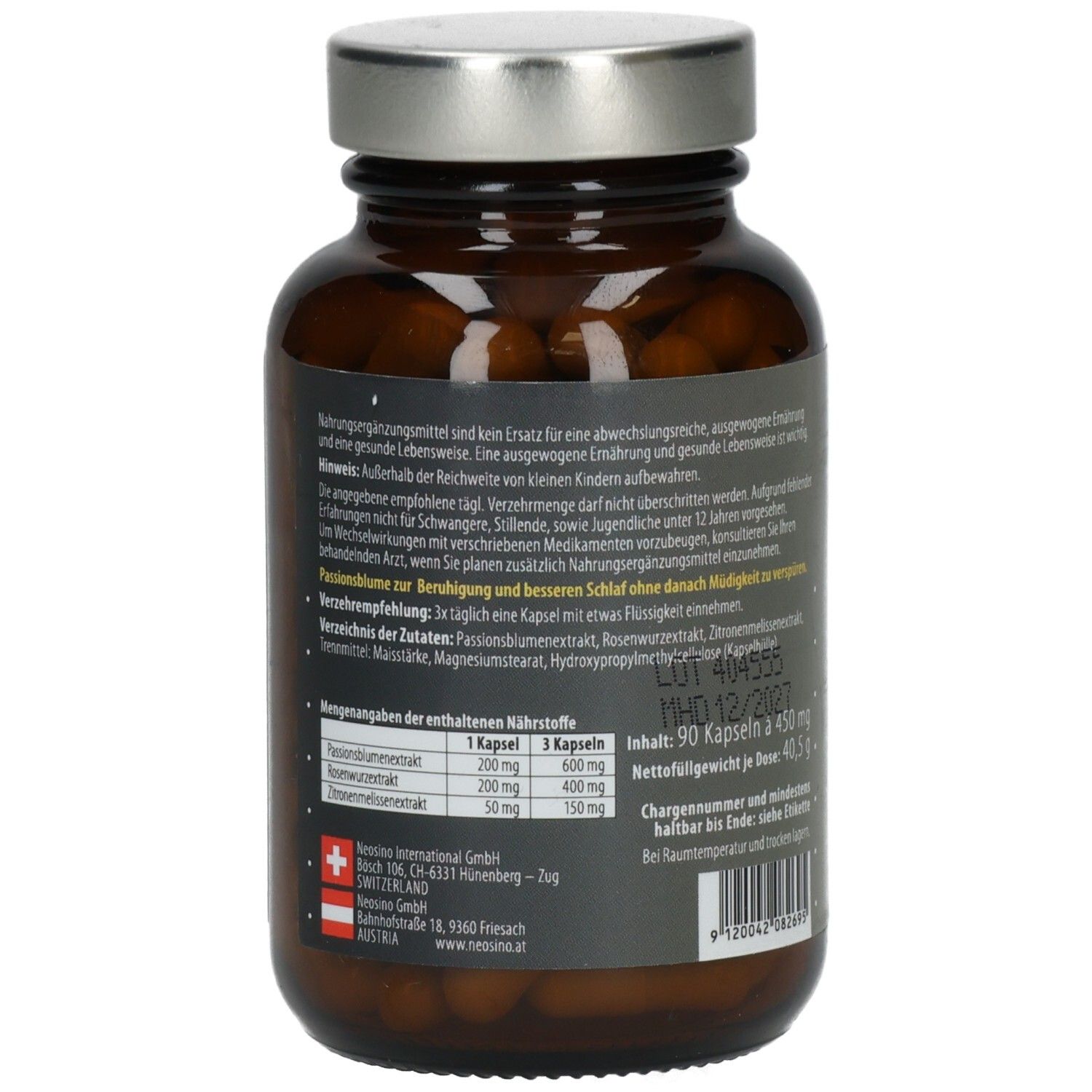 Braune Glasflasche mit silbernem Deckel. Rückseite mit Text und Inhaltsangaben. Enthält 90 Kapseln. Hersteller: Neosino International.