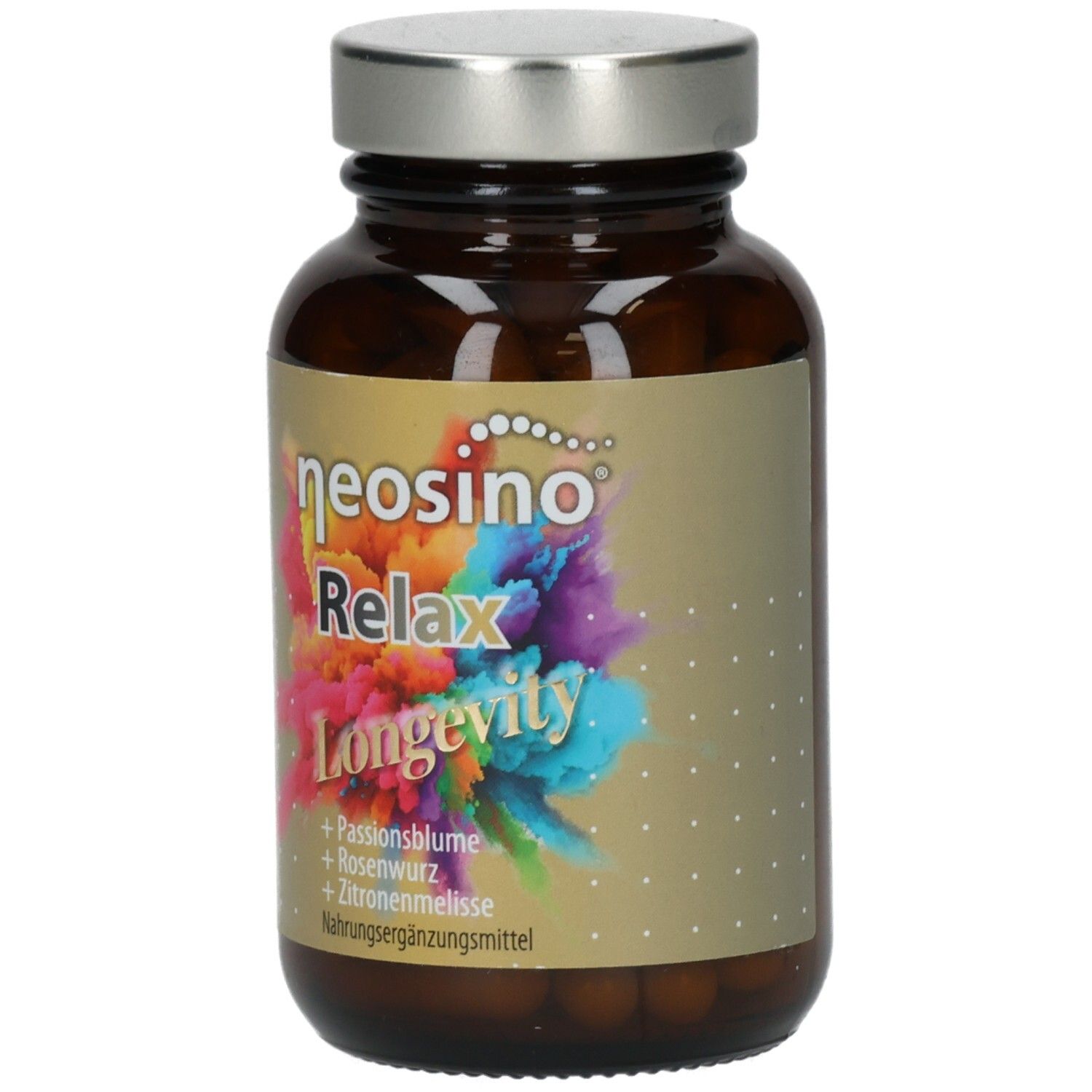 Braune Glasflasche mit silbernem Deckel. Aufschrift: neosino Relax Longevity. Enthält Passionsblume, Rosenwurz, Zitronenmelisse.