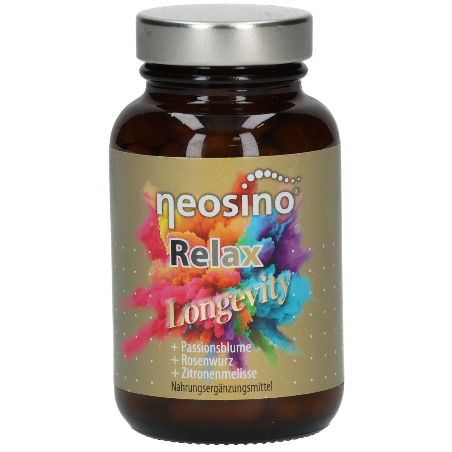 Braune Glasflasche mit silbernem Deckel. Aufschrift: neosino Relax Longevity. Enthält Passionsblume, Rosenwurz, Zitronenmelisse.