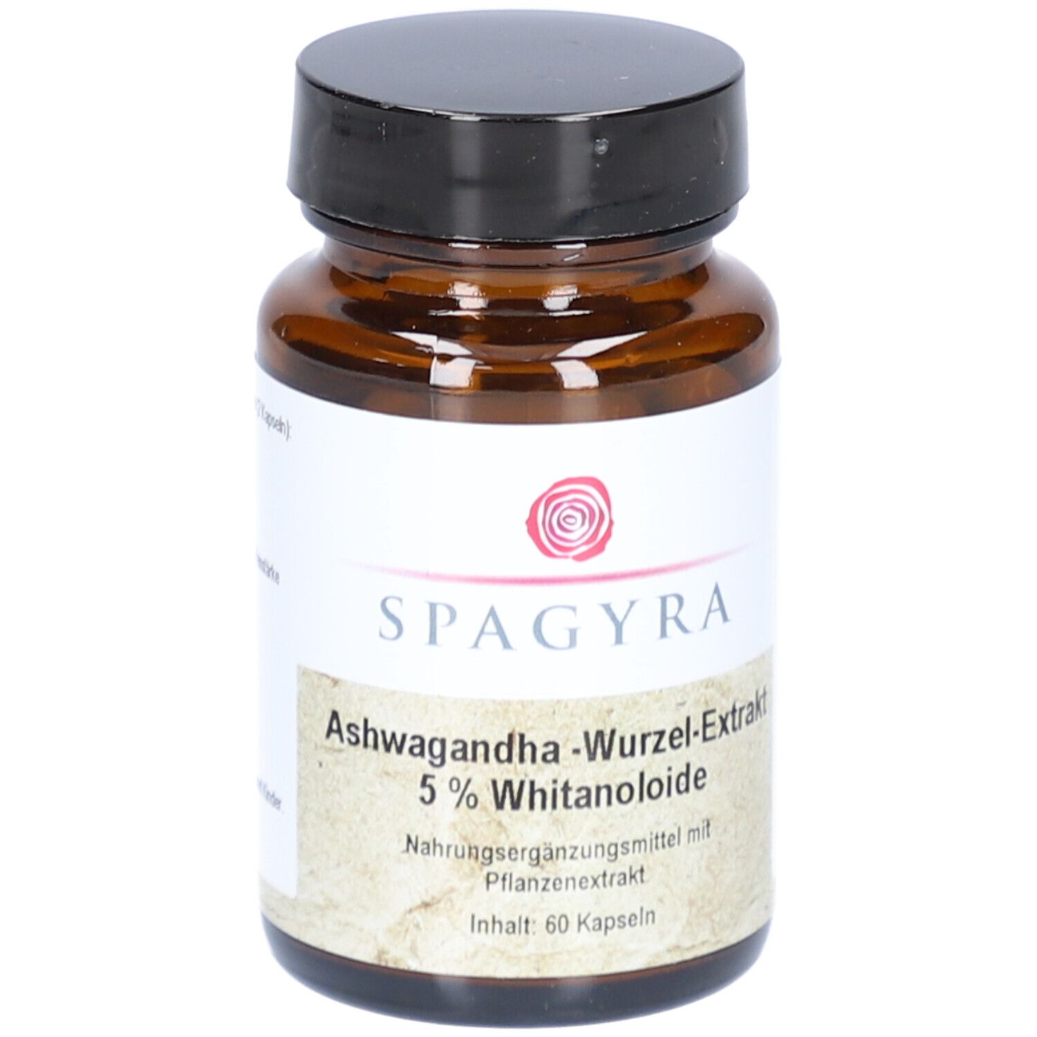 Braune Glasflasche mit schwarzem Deckel. Etikett mit Produktinformationen: Ashwagandha-Wurzel-Extrakt, 60 Kapseln.