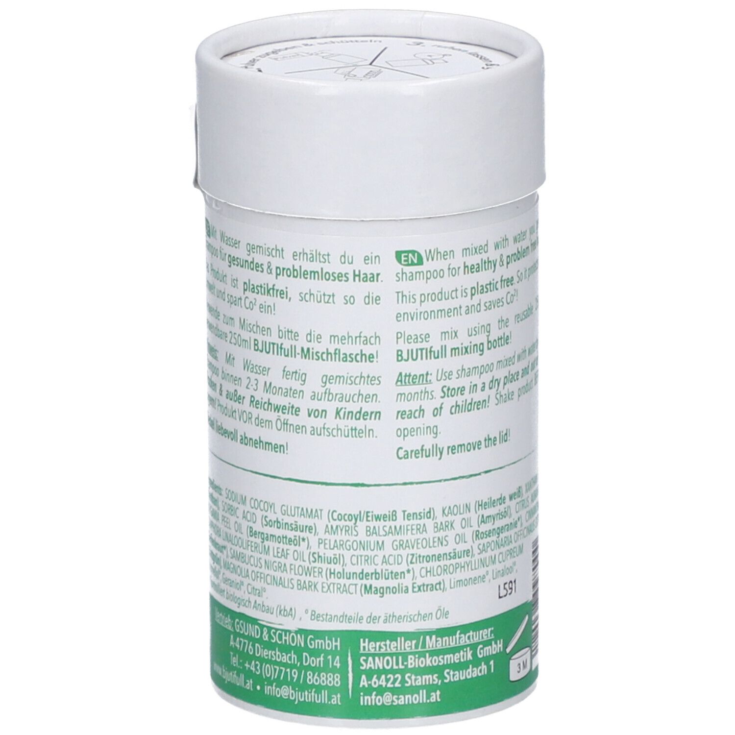 Rückseite der Dose. Text: Shampoo mit Bio-Seidenextrakt. Inhaltsstoffe. Herstellerinformationen. Verpackung mit Karton recycelt.