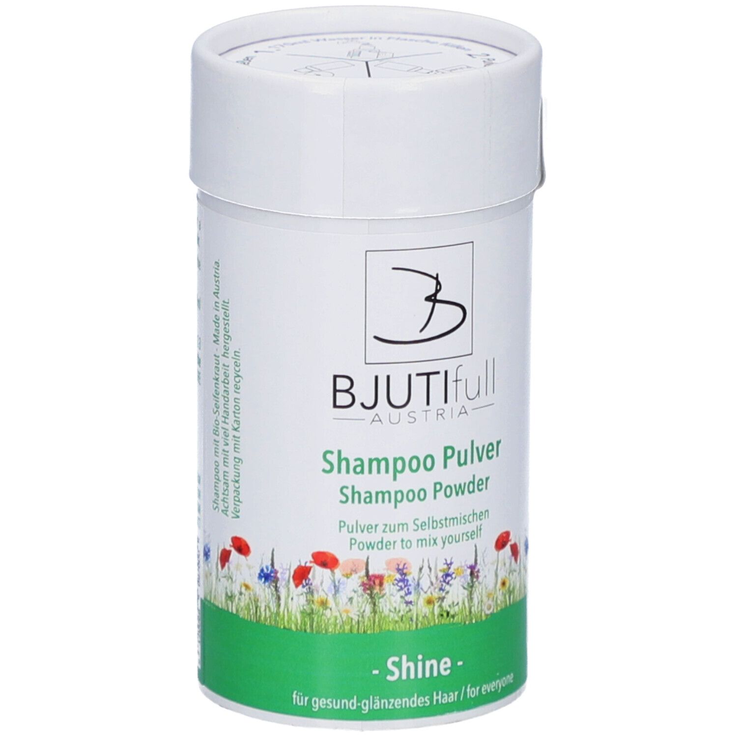 Zylindrische Dose mit Deckel. Aufschrift: BJUTIfull, Shampoo Pulver, Shine. Grün-weiße Verpackung mit floralem Design.