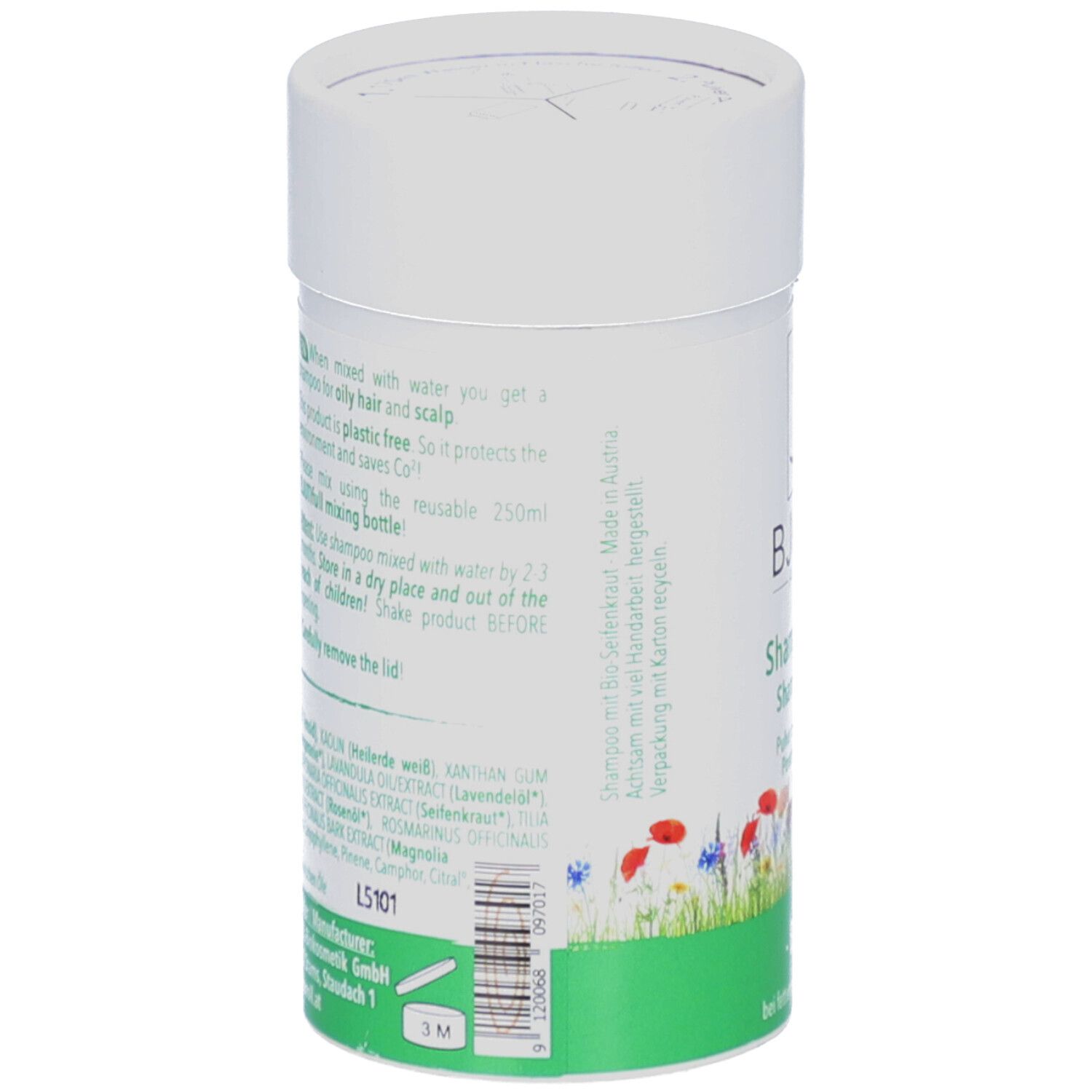 Rückseite der Dose mit Text. Enthält Informationen über die Herstellung, Inhaltsstoffe und Anwendung. Grün-weißes Design.