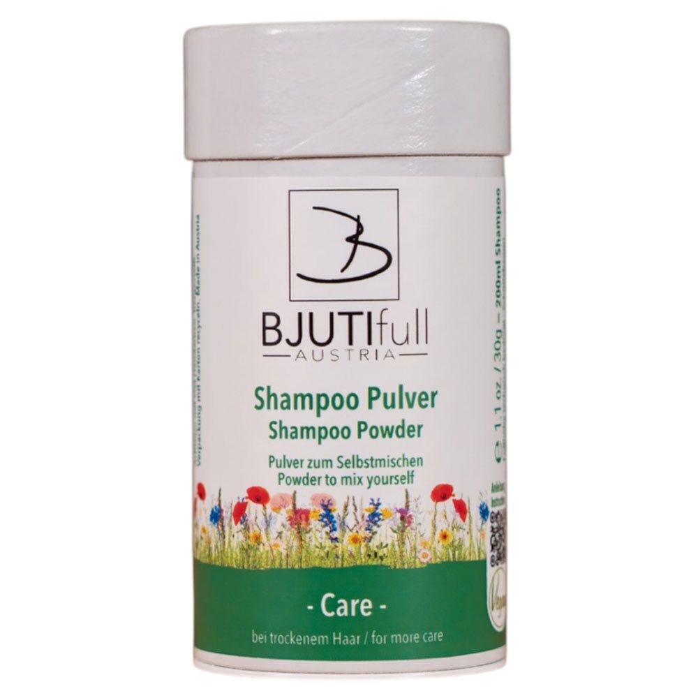 Zylindrische Dose mit BJUTIfull Shampoo Pulver. Weißer Deckel, grüner Streifen mit Blumen. Text: Shampoo Pulver, Care für trockenes Haar.