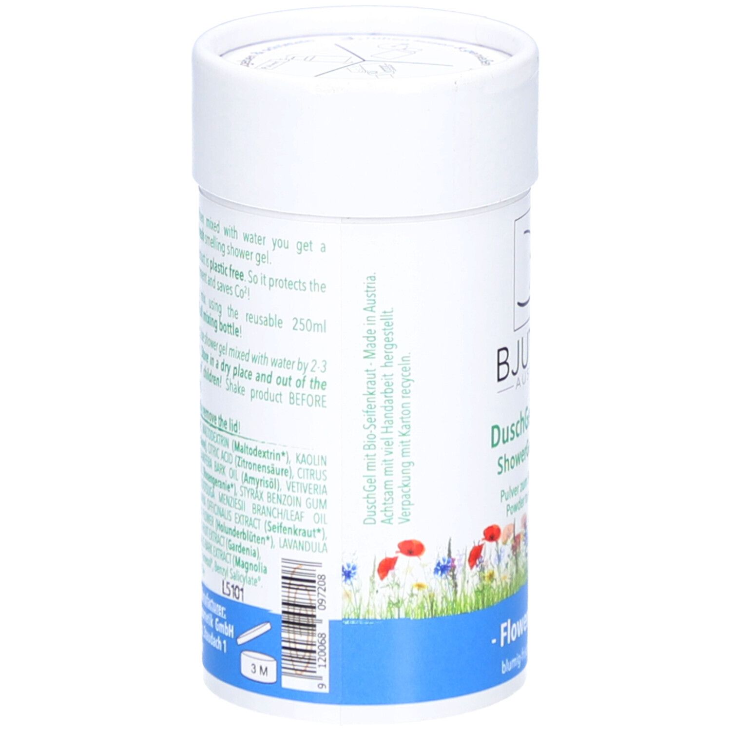 Zylindrische Dose mit BJUTIfull-Austria DuschGel Pulver. Text und Zutatenliste. Aufschrift: Flower Power. Verpackung aus Karton.
