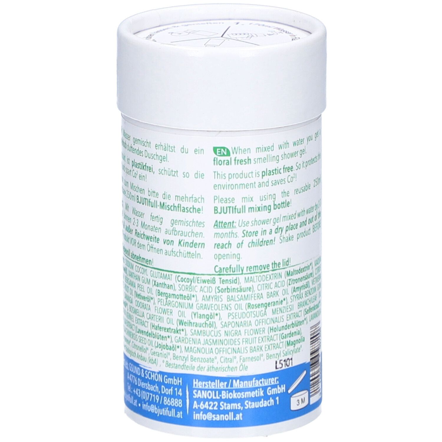 Zylindrische Dose mit BJUTIfull-Austria DuschGel Pulver. Text und Zutatenliste. Aufschrift: Flower Power. Vegan-Siegel.
