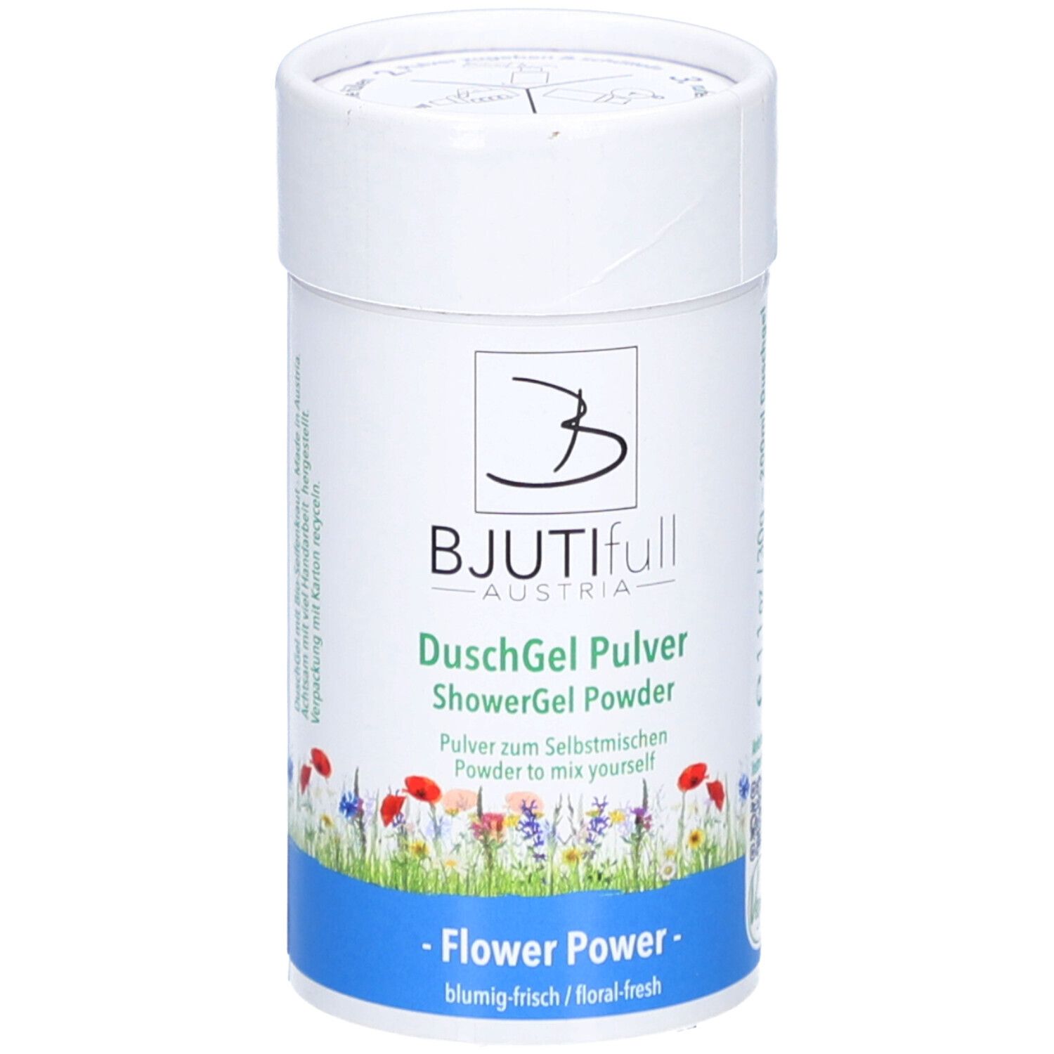 Zylindrische Dose mit BJUTIfull-Austria DuschGel Pulver. Aufschrift: Flower Power, blumig-frisch. Abbildung von Blumen.