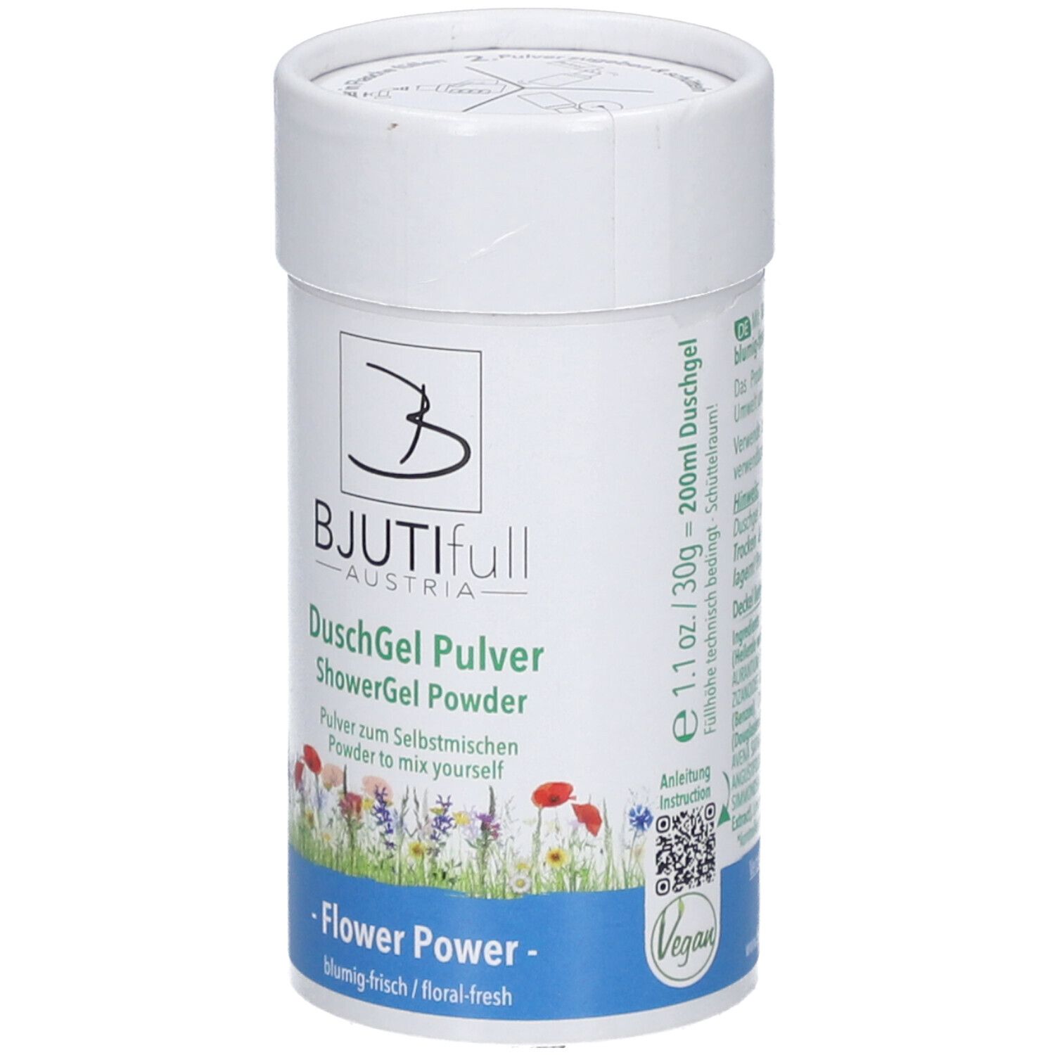 Zylindrische Dose mit BJUTIfull-Austria DuschGel Pulver. Aufschrift: Flower Power, blumig-frisch. Vegan-Siegel. 1.1 oz/30g.