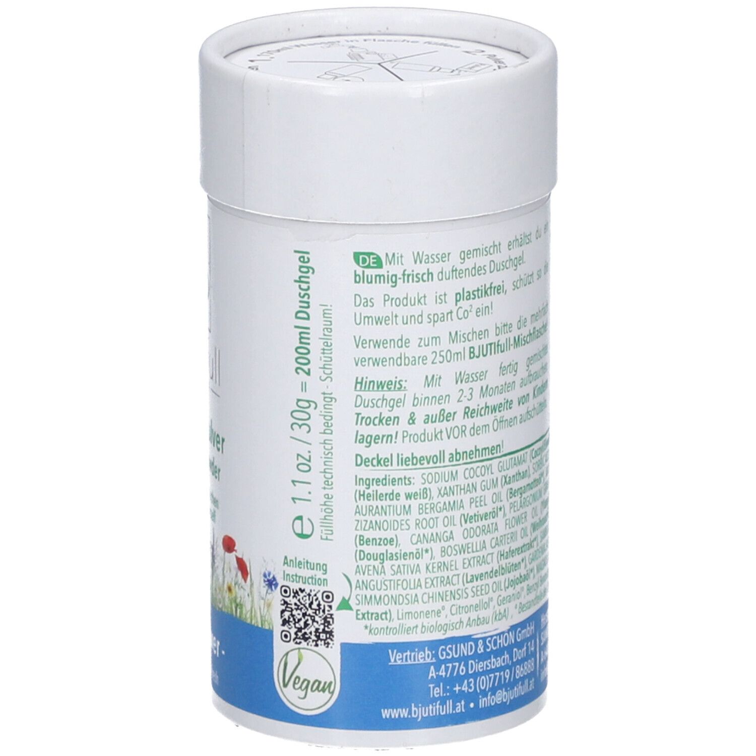 Zylindrische Dose mit BJUTIfull-Austria DuschGel Pulver. Text und Zutatenliste. Vegan-Siegel. 1.1 oz/30g. Anleitung.