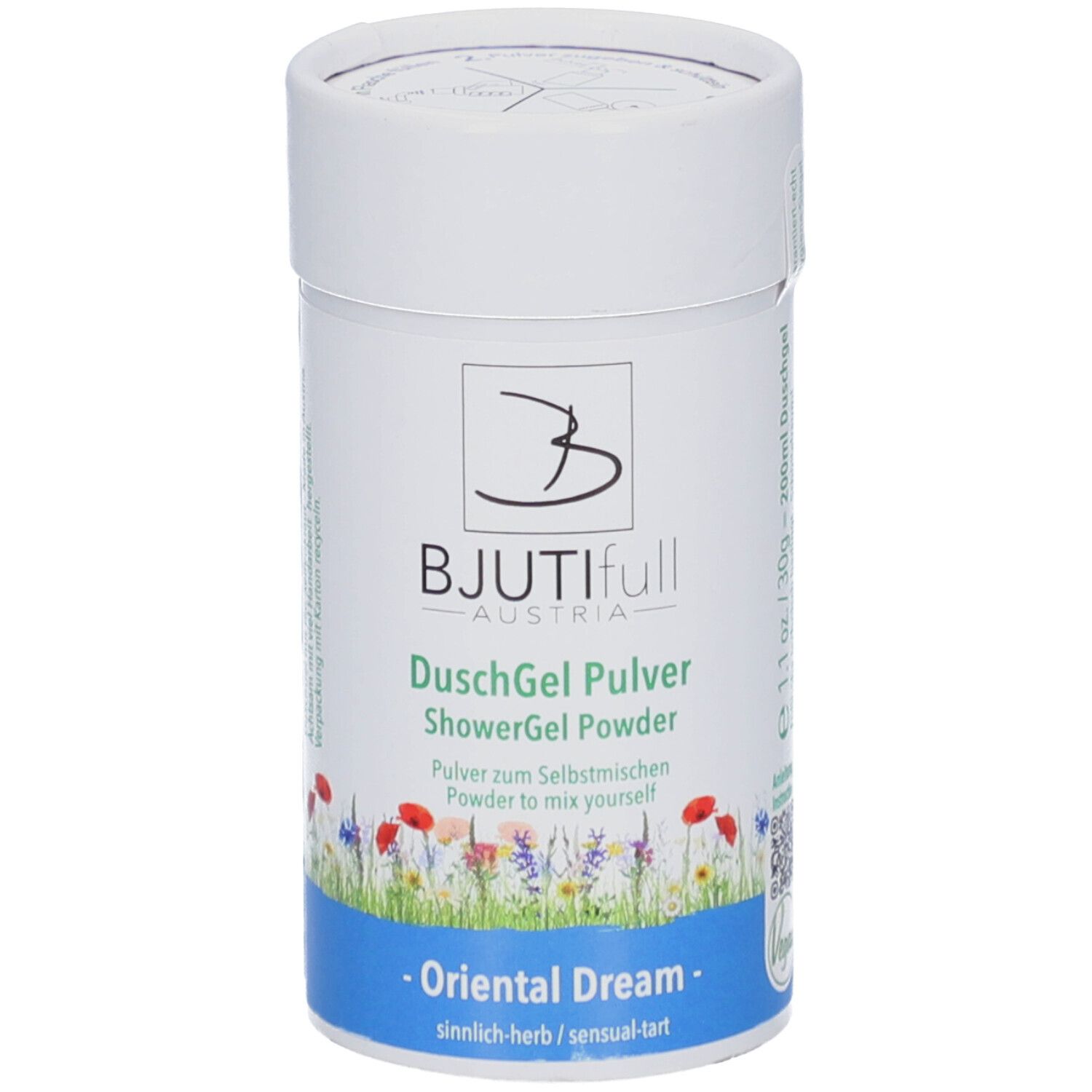 Zylindrische Dose BJUTIfull DuschGel Pulver. Weiß mit floralem Dekor und Produktinformationen. Deckel oben.