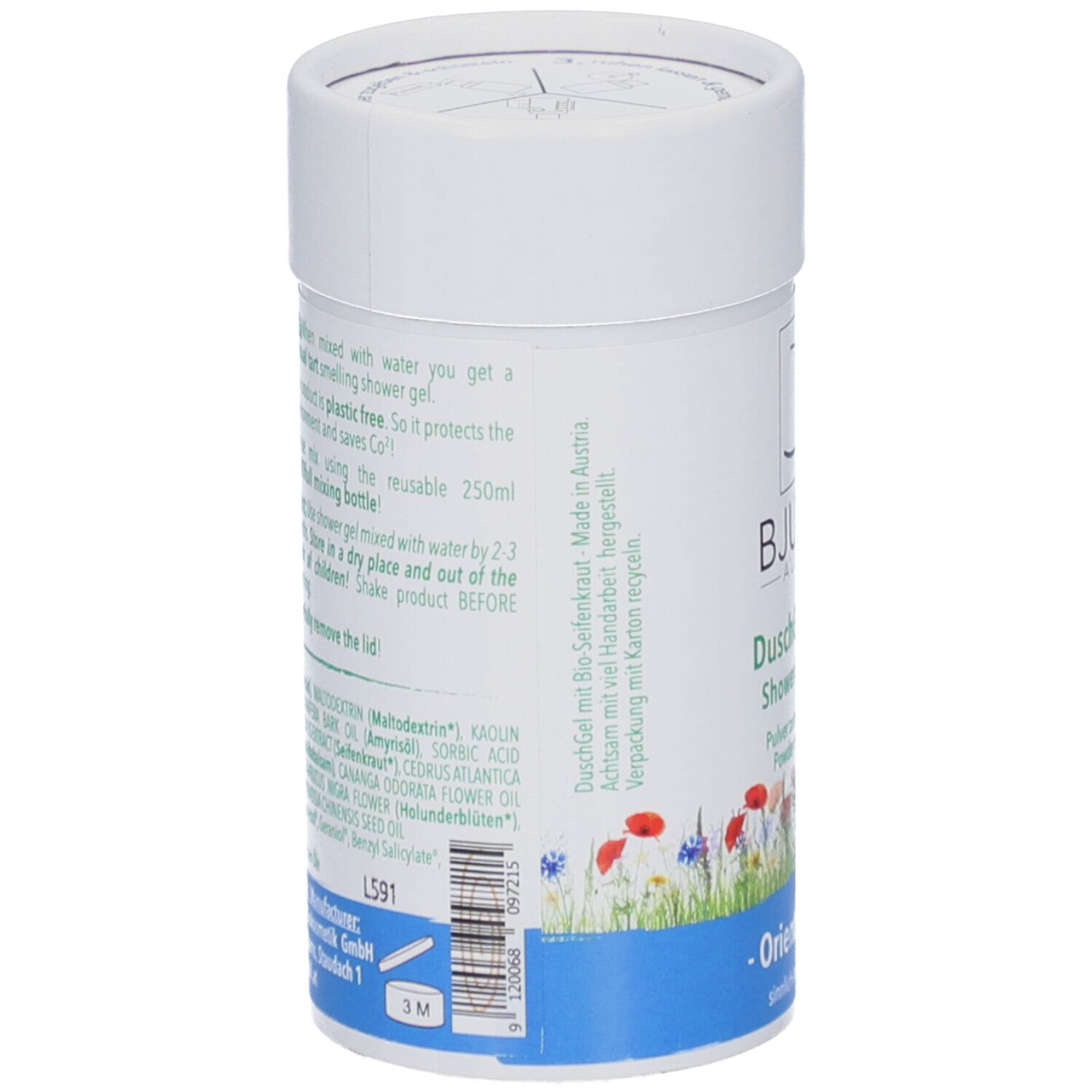 Rückseite der Dose BJUTIfull DuschGel Pulver. Text mit Inhaltsstoffen und Gebrauchsanweisung. Floral Dekor.